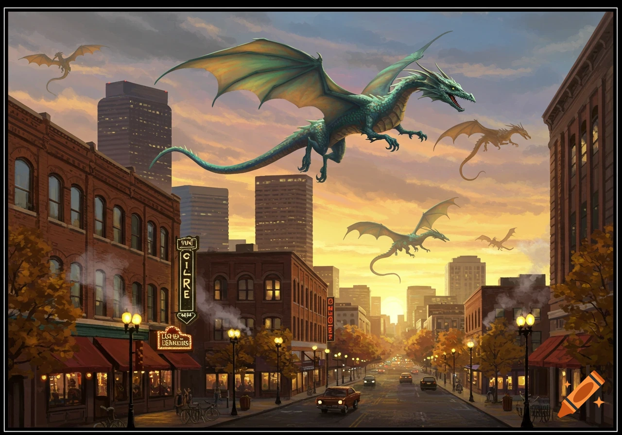 Green dragons fly over a bustling city street at sunset, with tall buildings and shops lit by streetlights. Fantasy art style.