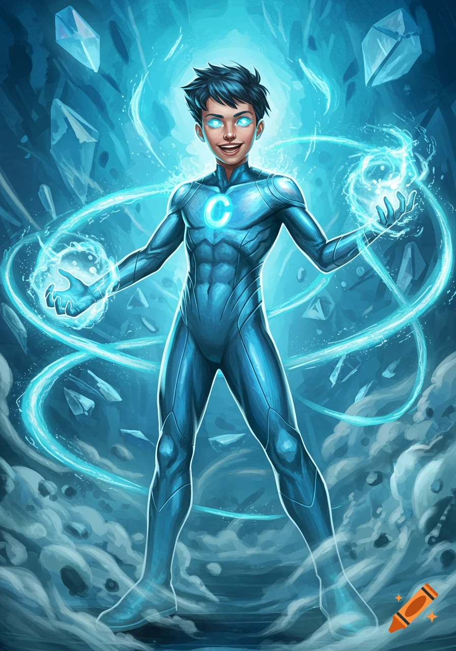 A teen superhero in a blue suit with a glowing 'C' emblem on his chest, conjuring ice or water energy in a frosty, crystalline environment.