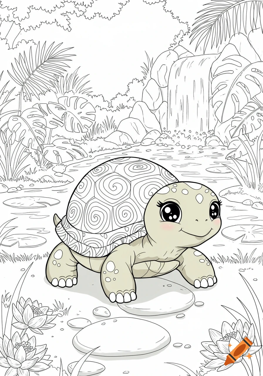 Kawaii turtle coloring page of a turtle in a jungle scene with a waterfall and water lilies.