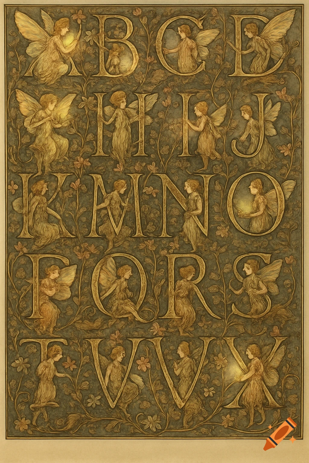 An ornate, vintage-style illustration of an alphabet with each letter intricately designed with fairies, flowers, and foliage, in sepia tones.