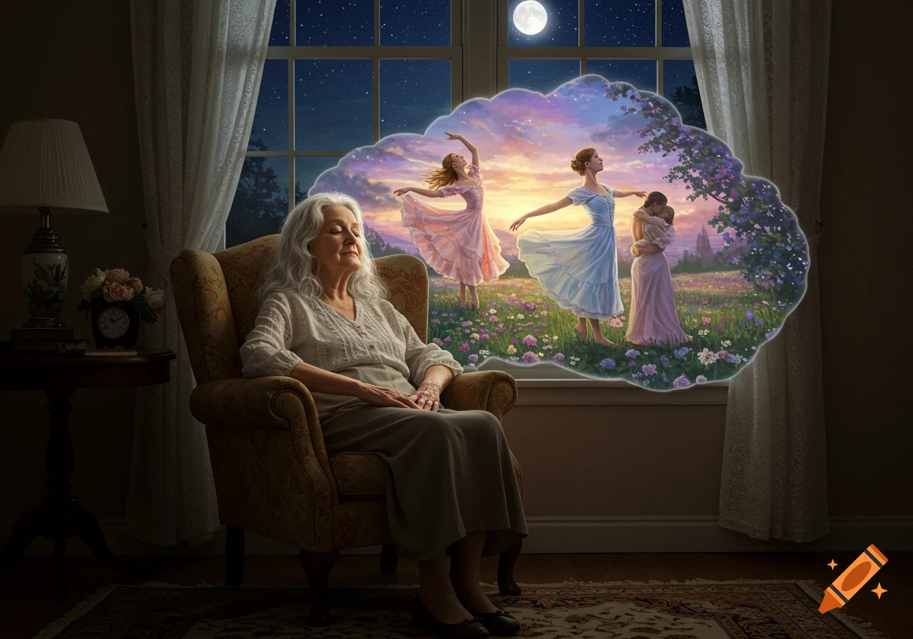 Elderly woman sleeps in an armchair, dreaming of her younger self dancing and embracing in a vibrant flower field at sunset.