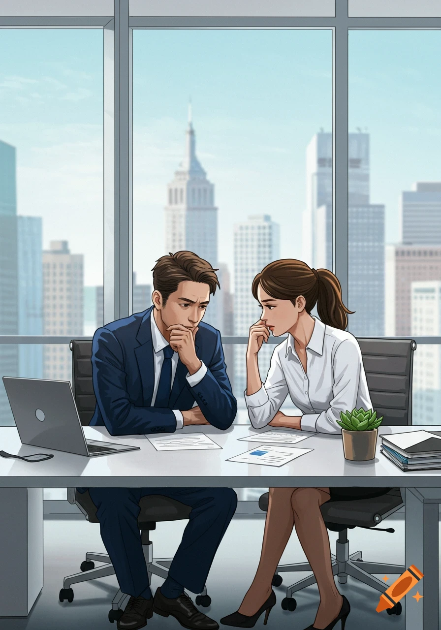An anime-style illustration of a man and woman in business attire looking stressed at a desk in a modern office with city views.