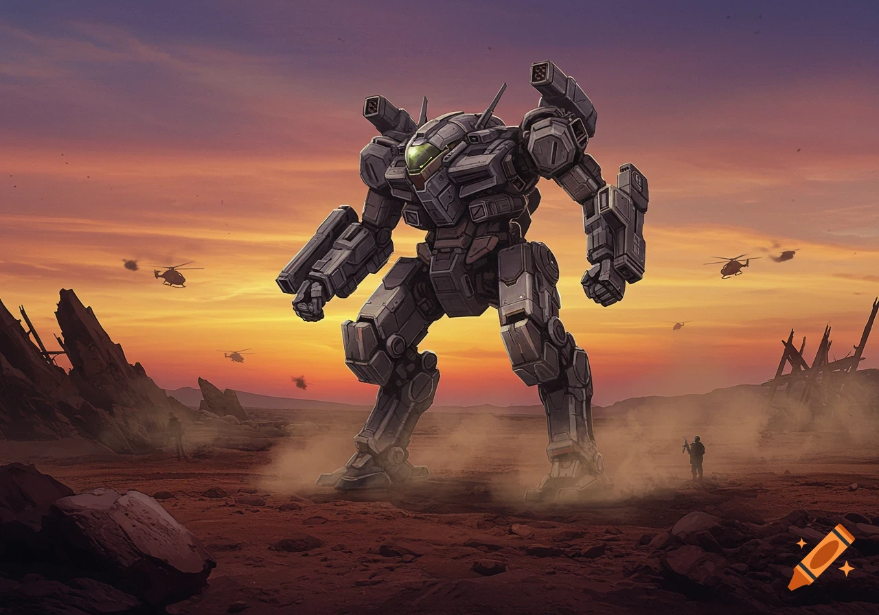 A massive armored mech stands in a barren landscape under an orange sunset, with helicopters flying and a small soldier in the distance.