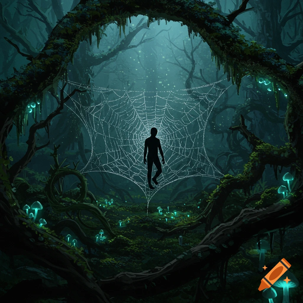 A human silhouette stands in a large, dewy spider web, centered in a dark, glowing fantasy forest with luminous mushrooms.