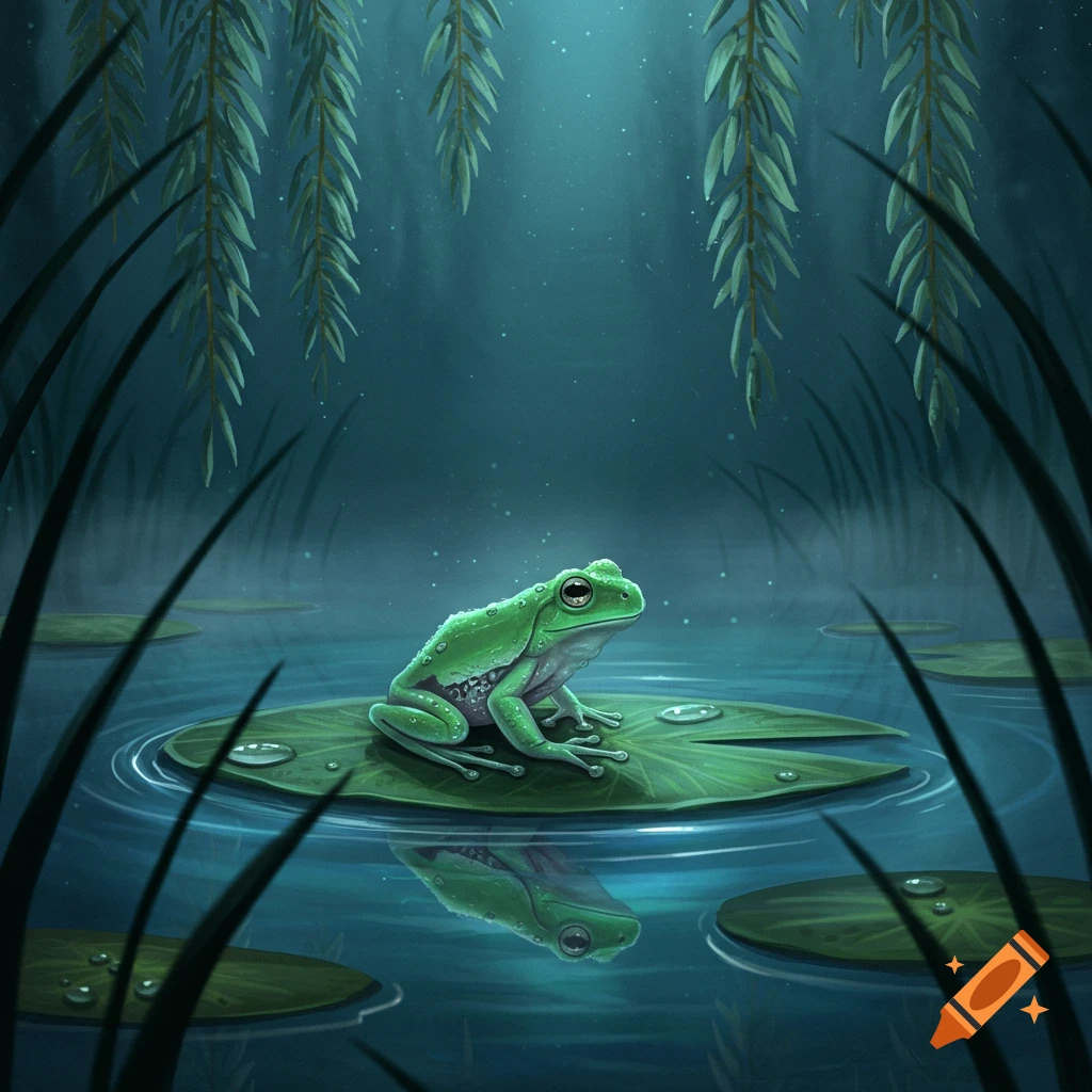 A vibrant green frog sits on a lily pad in a moonlit pond, surrounded by hanging willow branches. Stylized art.