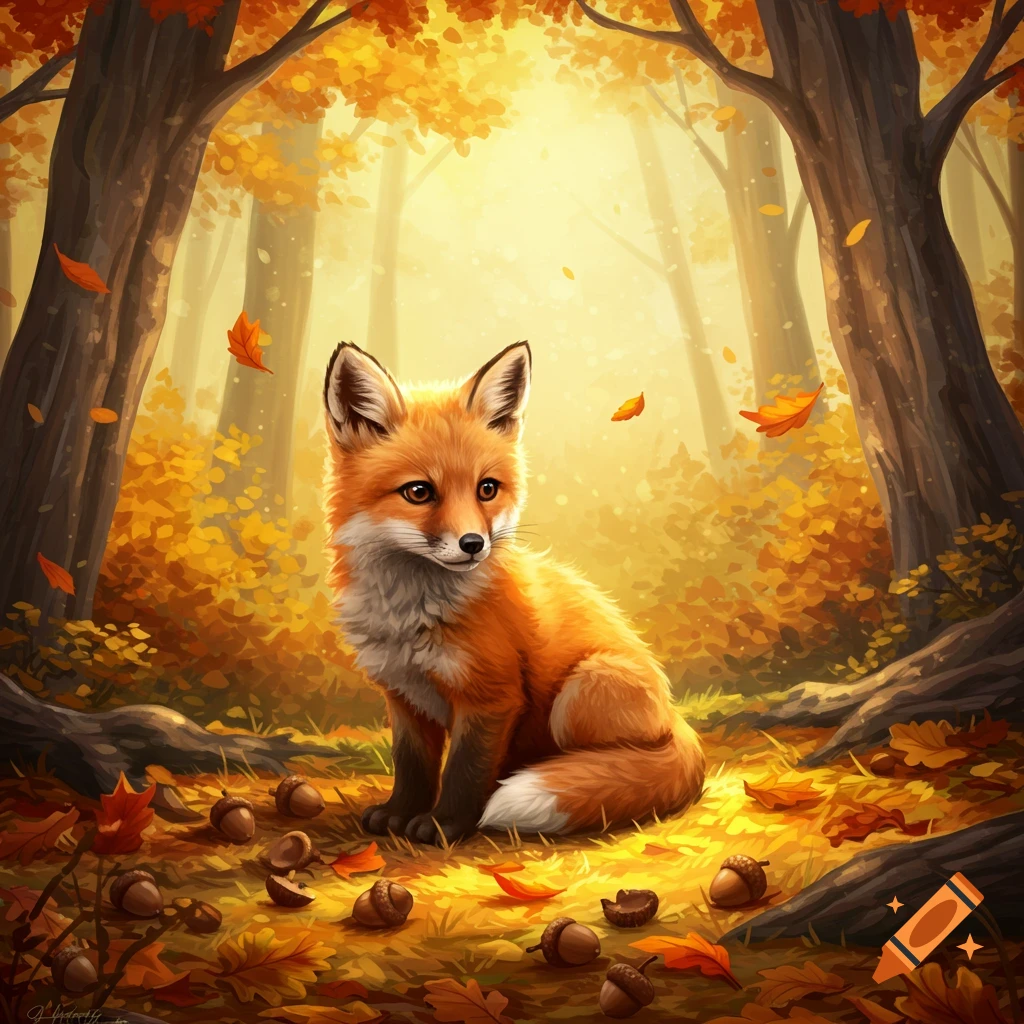 A cute fox cub sits among fallen leaves and acorns in a vibrant autumn forest with warm light.
