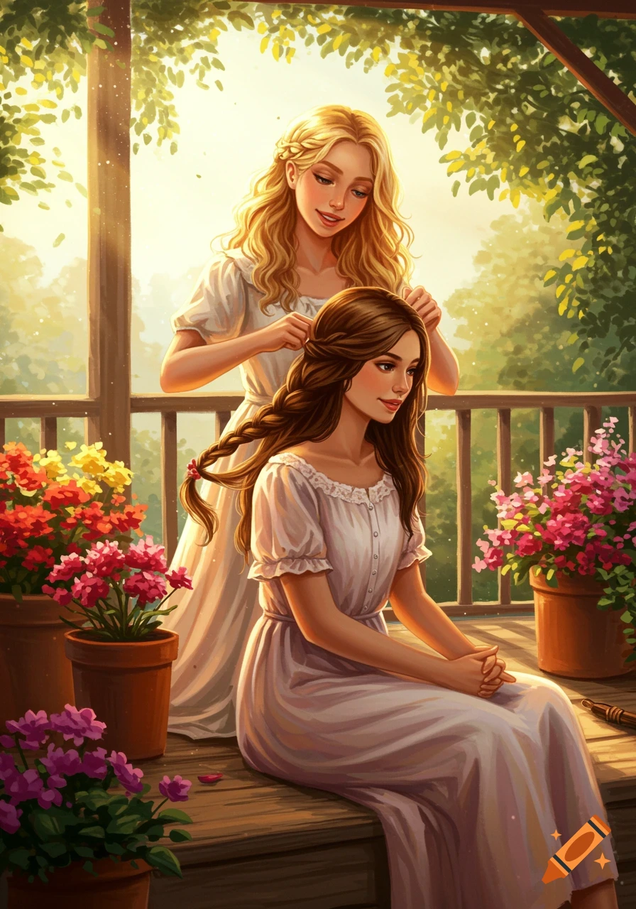 Digital painting of a blonde girl braiding the long brown hair of a seated brunette girl on a sunny porch with flowers.