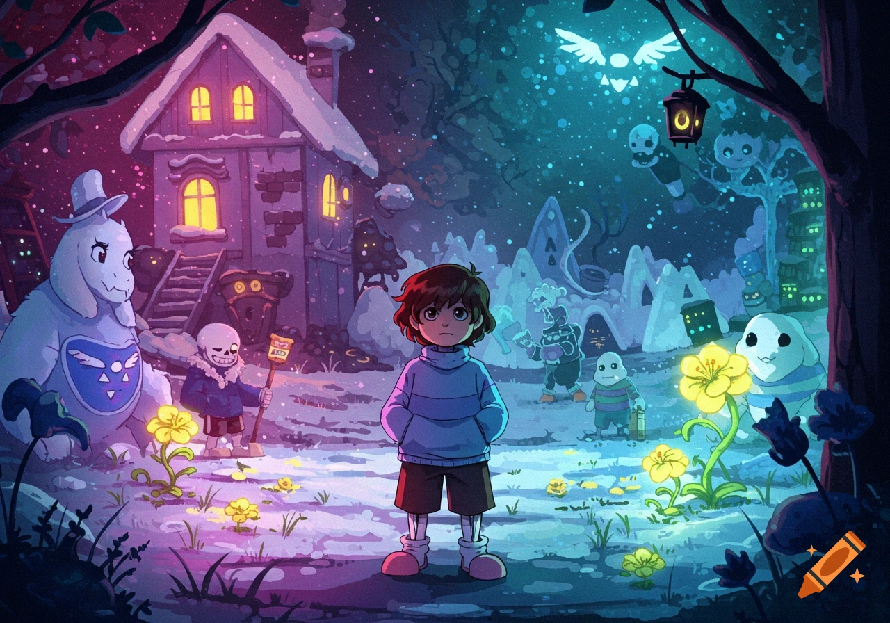 Anime illustration of Frisk, Sans, and Toriel in a magical, snowy Undertale forest scene with a lit house.