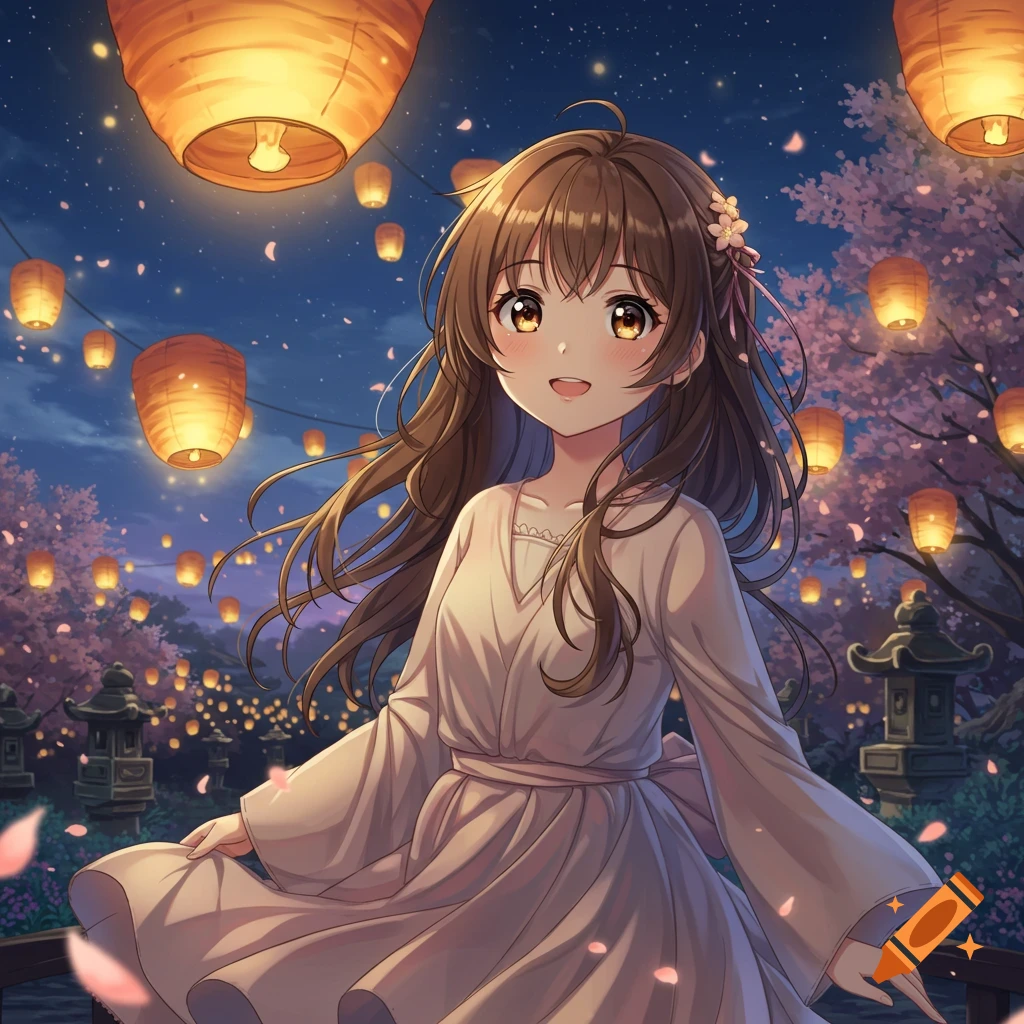 Anime girl with brown hair and sparkly eyes smiling under glowing lanterns and cherry blossom trees at night.