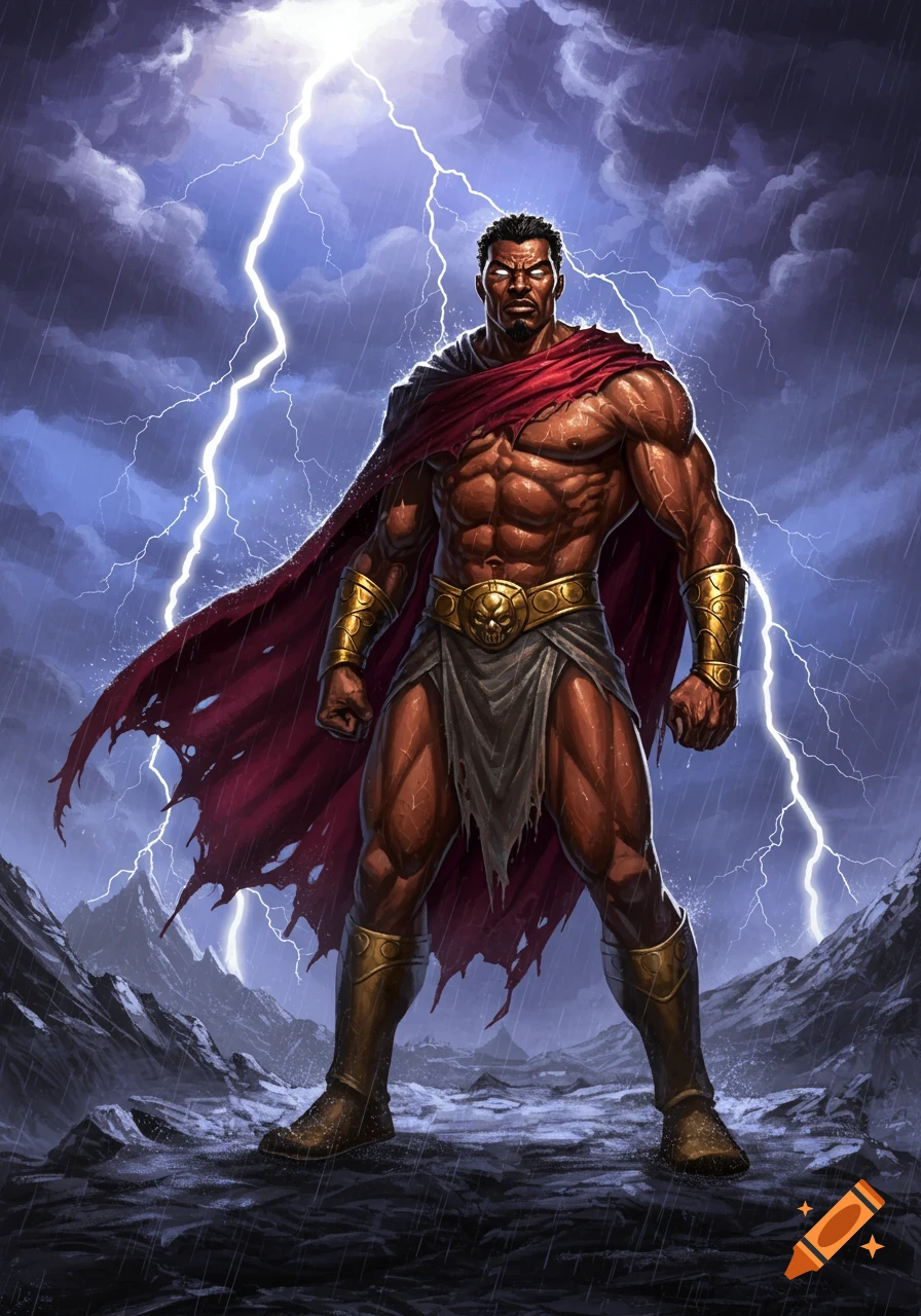 Muscular man with a red cape and golden armor stands in a stormy, lightning-filled mountain landscape.