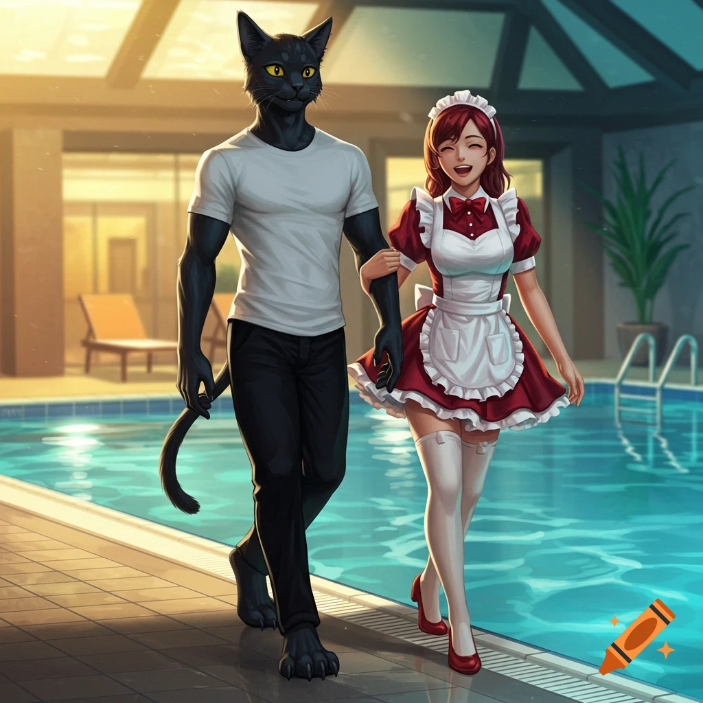 A humanoid black cat in a white t-shirt and a smiling woman in a red maid dress walk arm-in-arm by a bright indoor swimming pool.