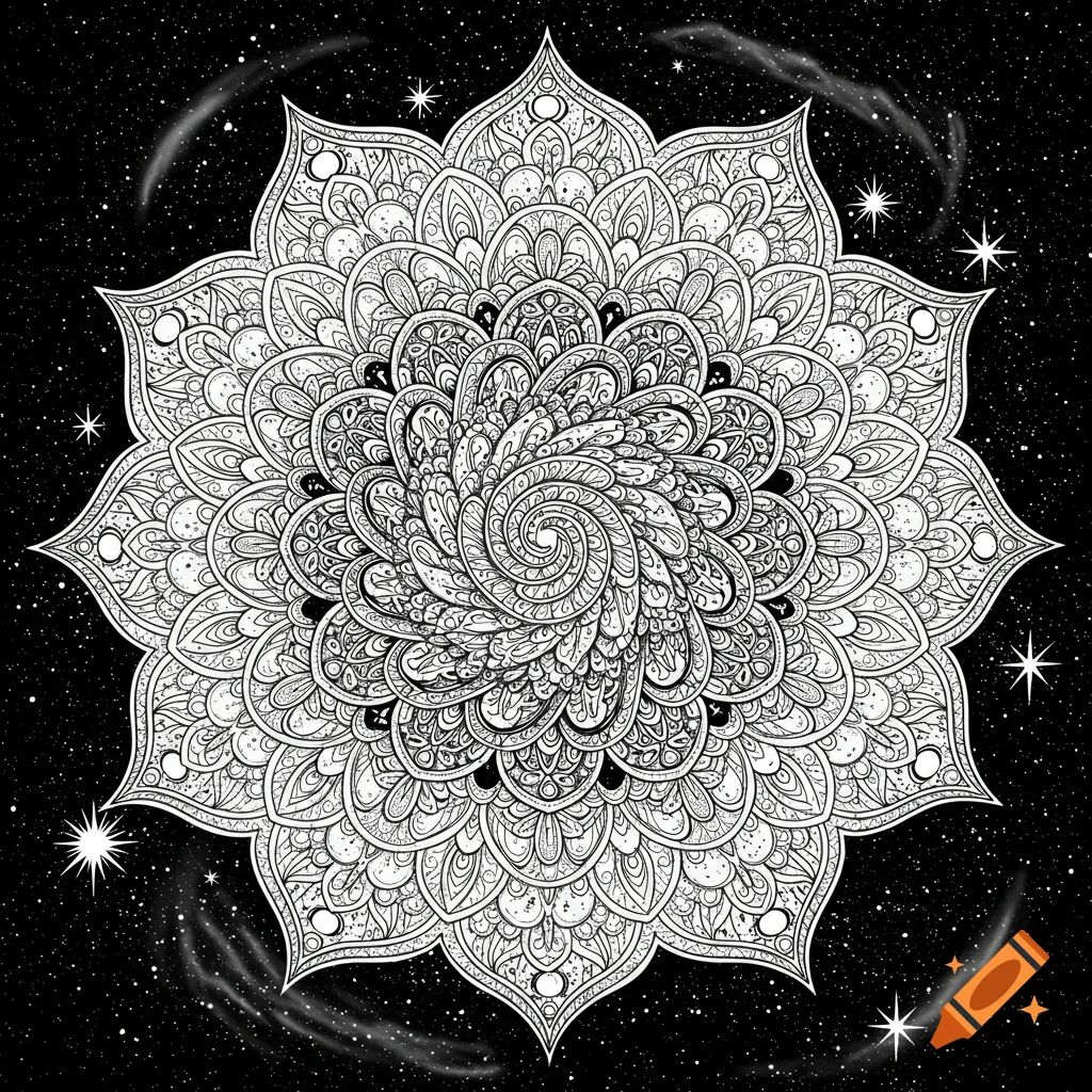 Intricate black and white mandala with swirling patterns and geometric designs, set against a starry galaxy background, in a coloring page style.