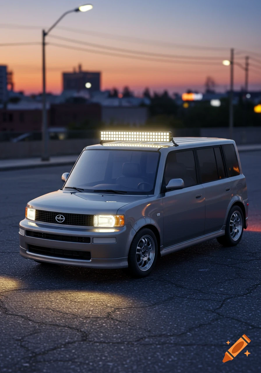 Photorealistic grey 2005 Scion xB with a roof light bar, parked on asphalt at sunset with city lights in background.