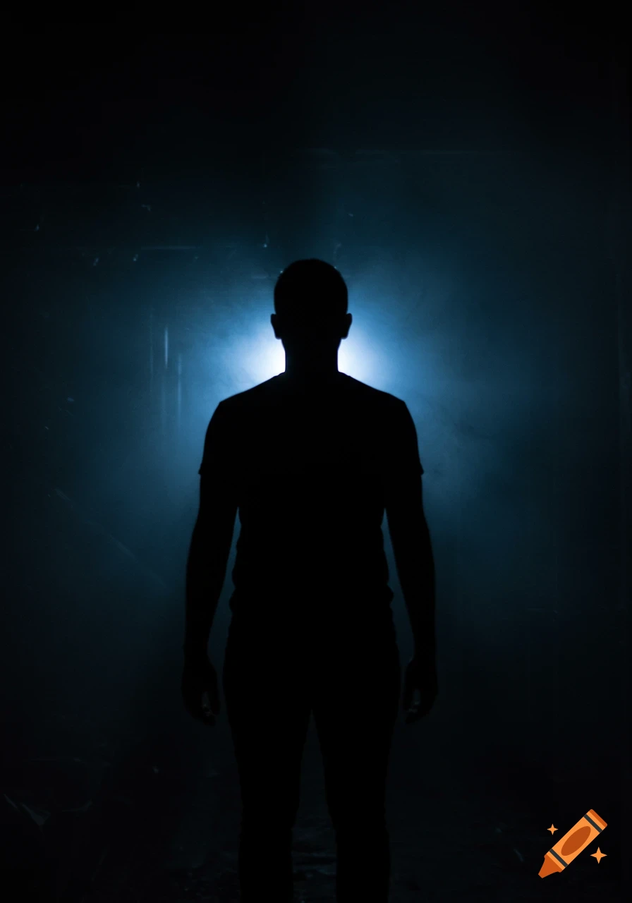 A photorealistic, moody silhouette of a person standing in a dark, smoky environment, backlit by a bright blue light.