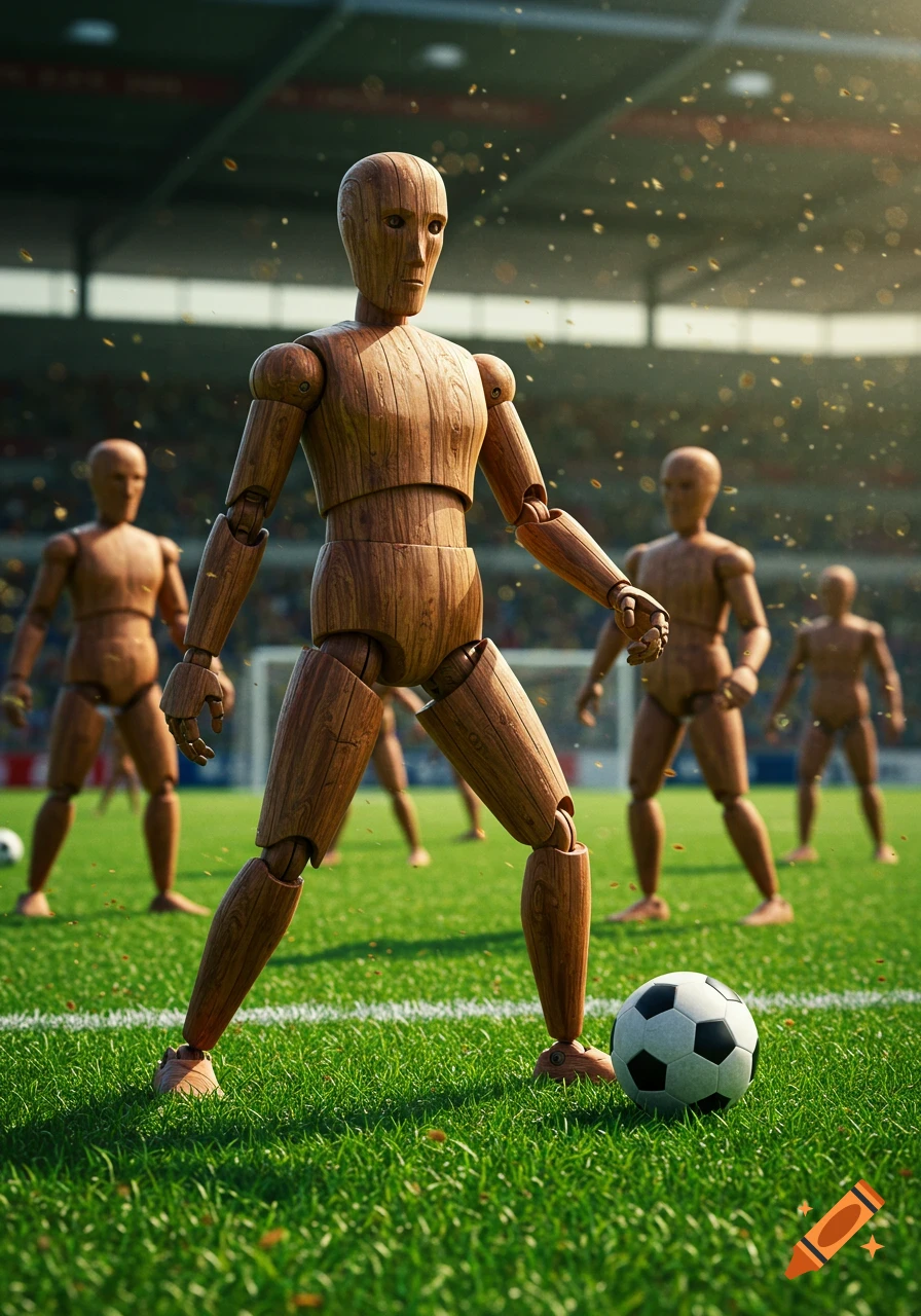 Photorealistic image of several wooden mannequins playing soccer on a grassy field in a stadium, one in the foreground.