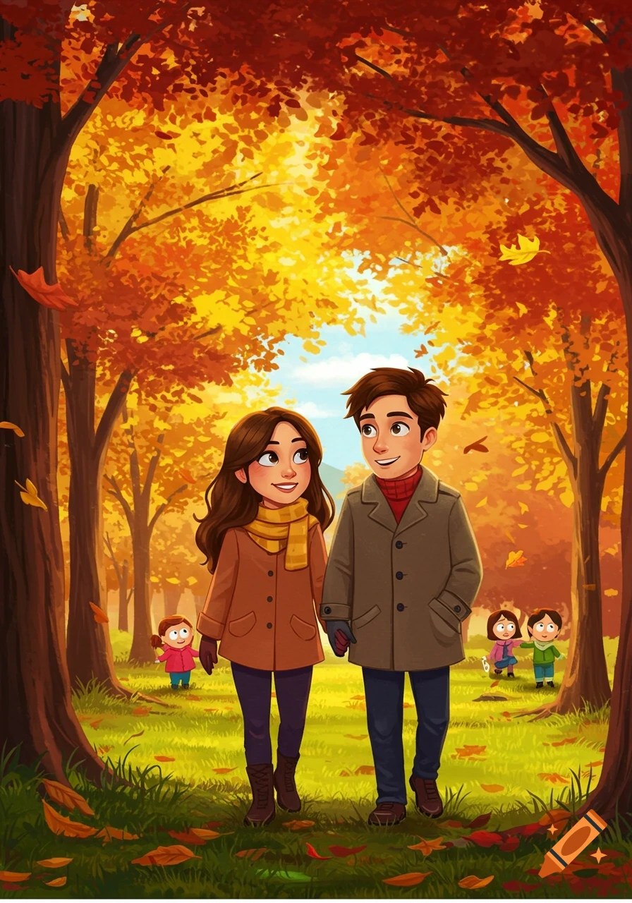 Cartoon illustration of a couple holding hands and walking in an autumn forest with colorful trees and children playing.