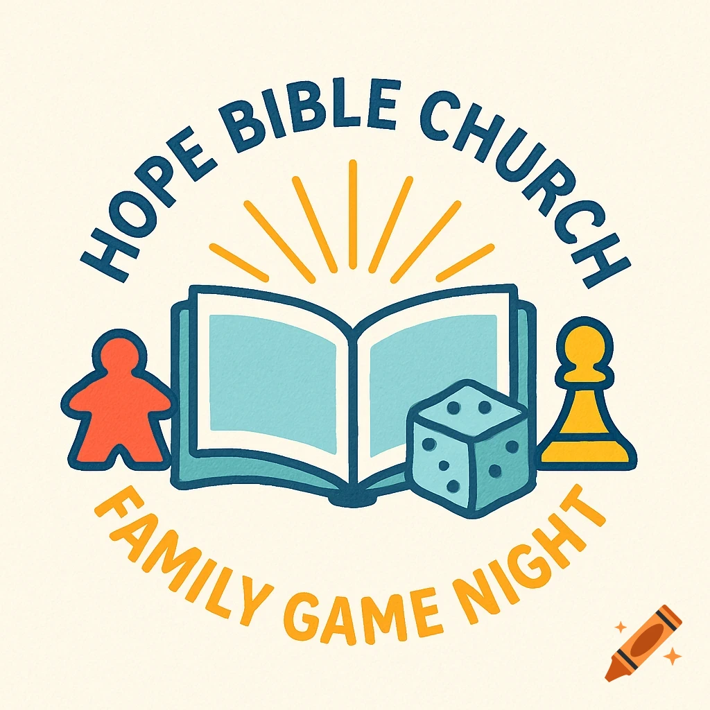 Logo for Hope Bible Church Family Game Night with an open bible, a red game pawn, and a blue die, all stylized.