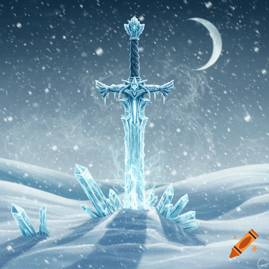 An ornate, glowing ice sword in snowy ground with ice crystals, falling snow, and a crescent moon in a dark winter sky.