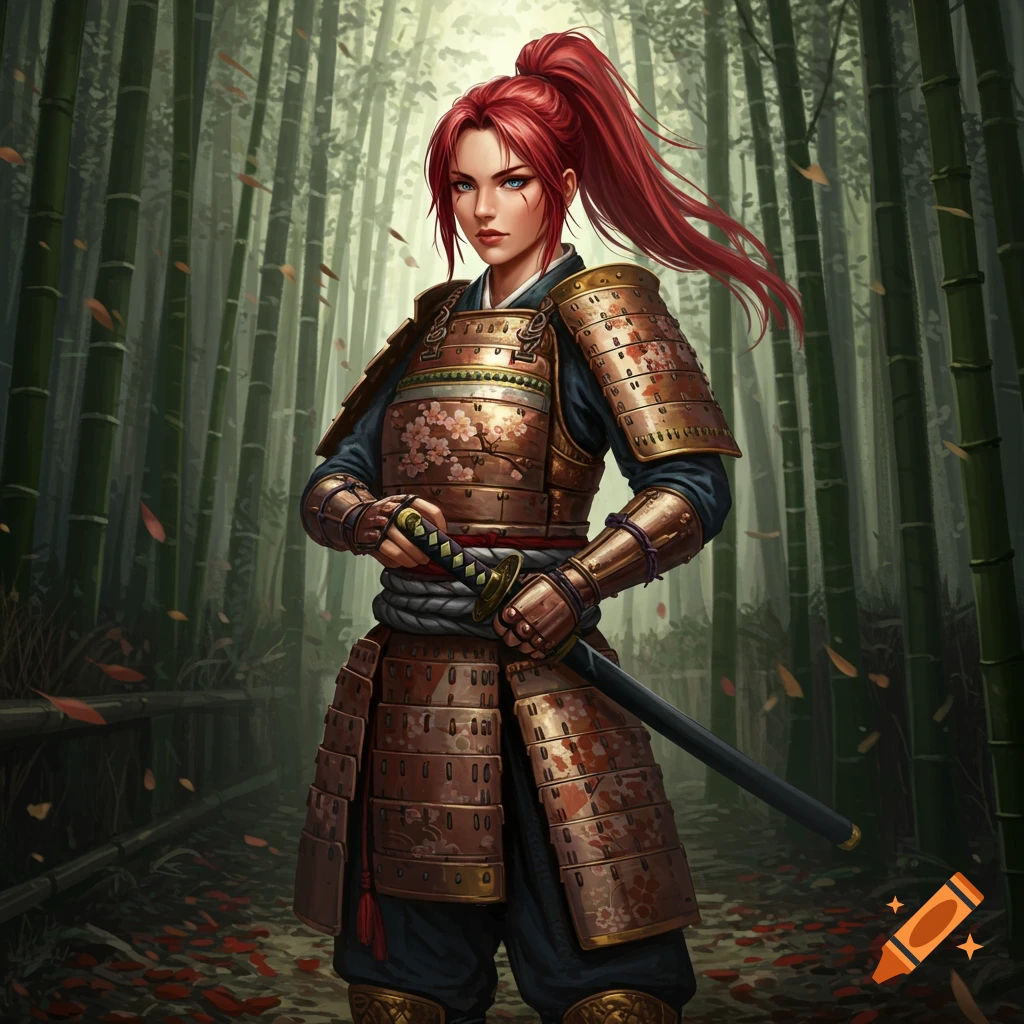 A red-haired Japanese samurai woman in detailed armor holds a katana in a bamboo forest. Illustrated.