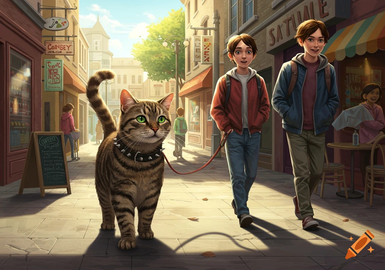A large tabby cat on a leash leads two boys down a sunny, bustling city street in a stylized illustration.