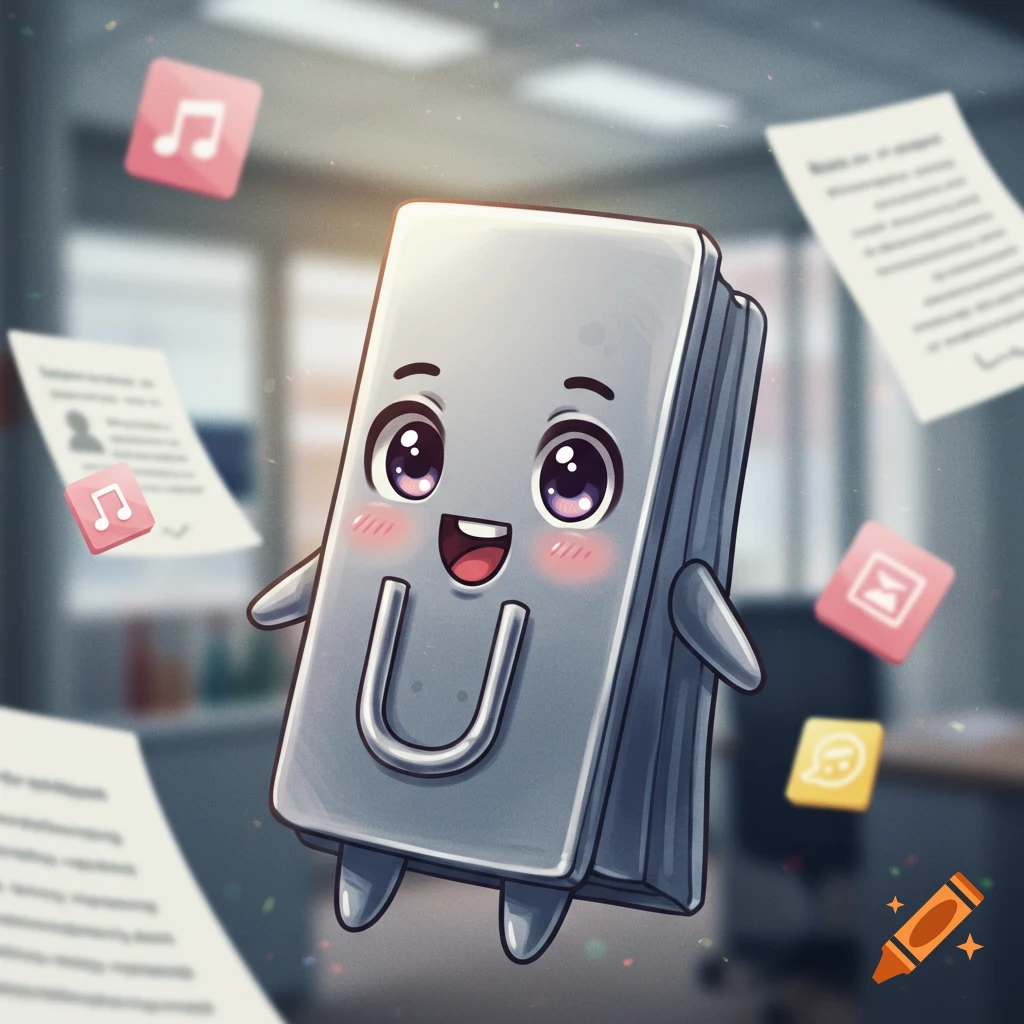 A cute, smiling anthropomorphic paperclip with big anime eyes floats in an office with papers and app icons.