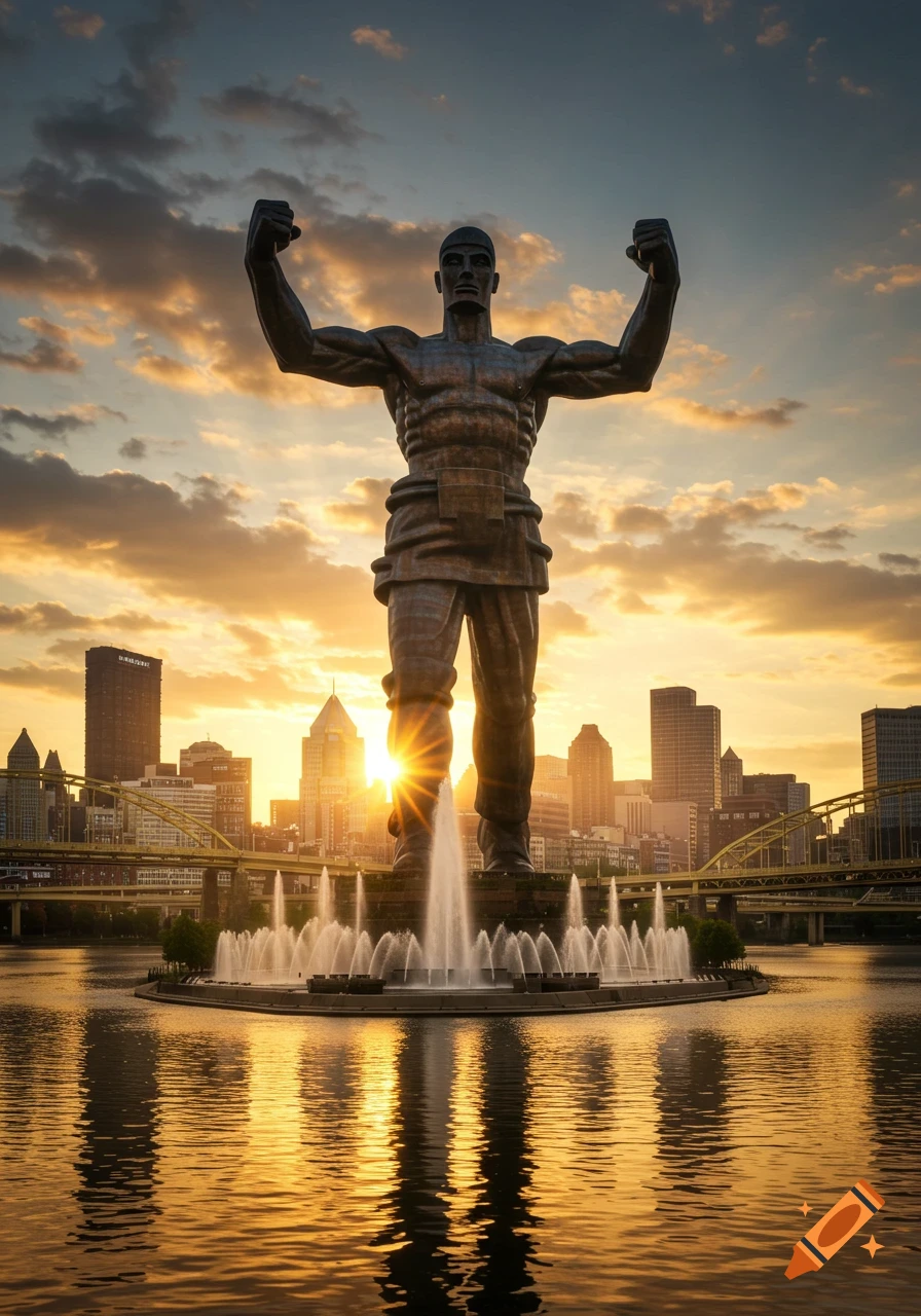 Photorealistic image of a colossal steelworker statue with a fountain in a river, silhouetted against a golden sunset and Pittsburgh cityscape.