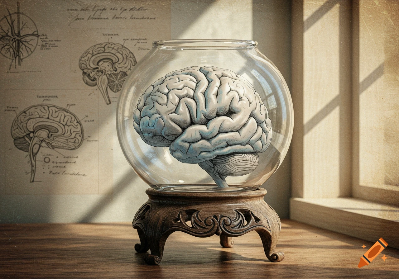 A vintage scientific illustration shows a human brain inside a glass fishbowl on a wooden stand, with anatomical diagrams in the background.