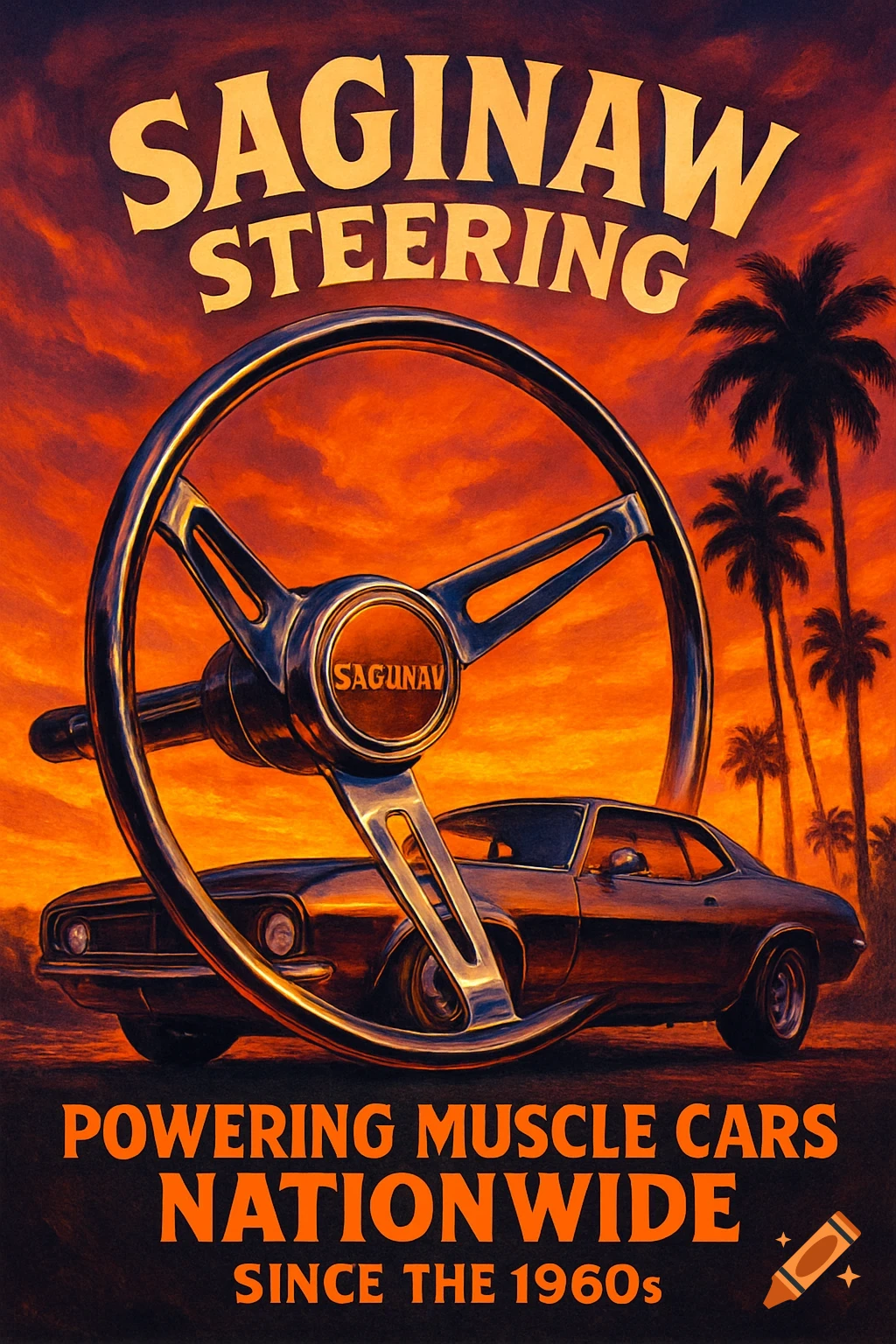 A retro-style poster featuring a chrome steering wheel and a muscle car against a vivid orange sunset with palm trees. Text reads "Saginaw Steering" and "Powering Muscle Cars Nationwide Since the 1960s."