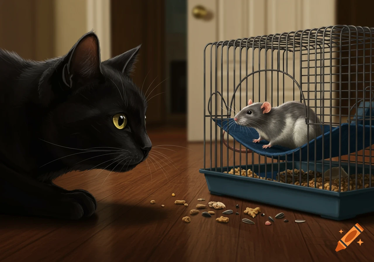 A black cat lies on a wooden floor, intently watching a gray and white rat inside a wire cage.