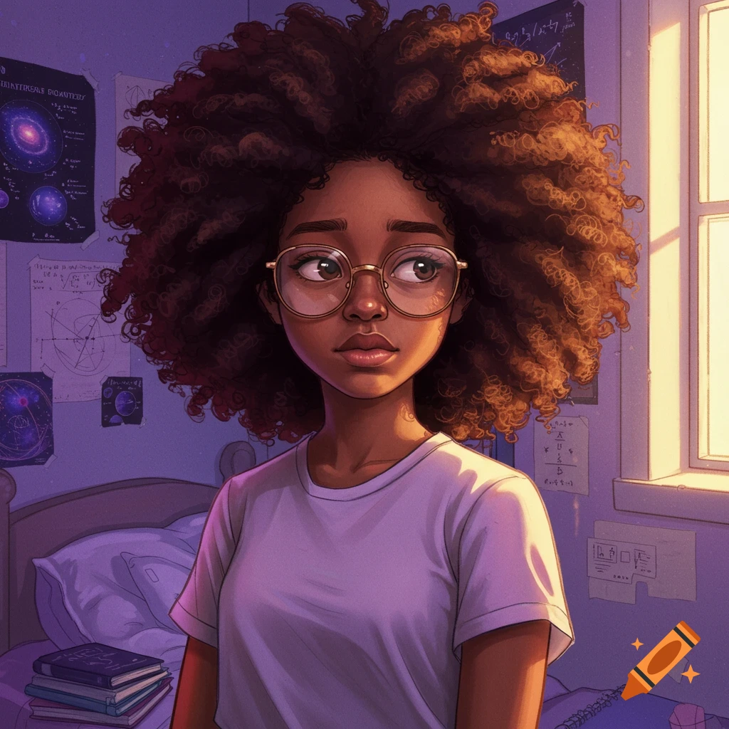 An illustrated portrait of a young Black woman with a large afro and round glasses in a purple-lit room, surrounded by science posters.