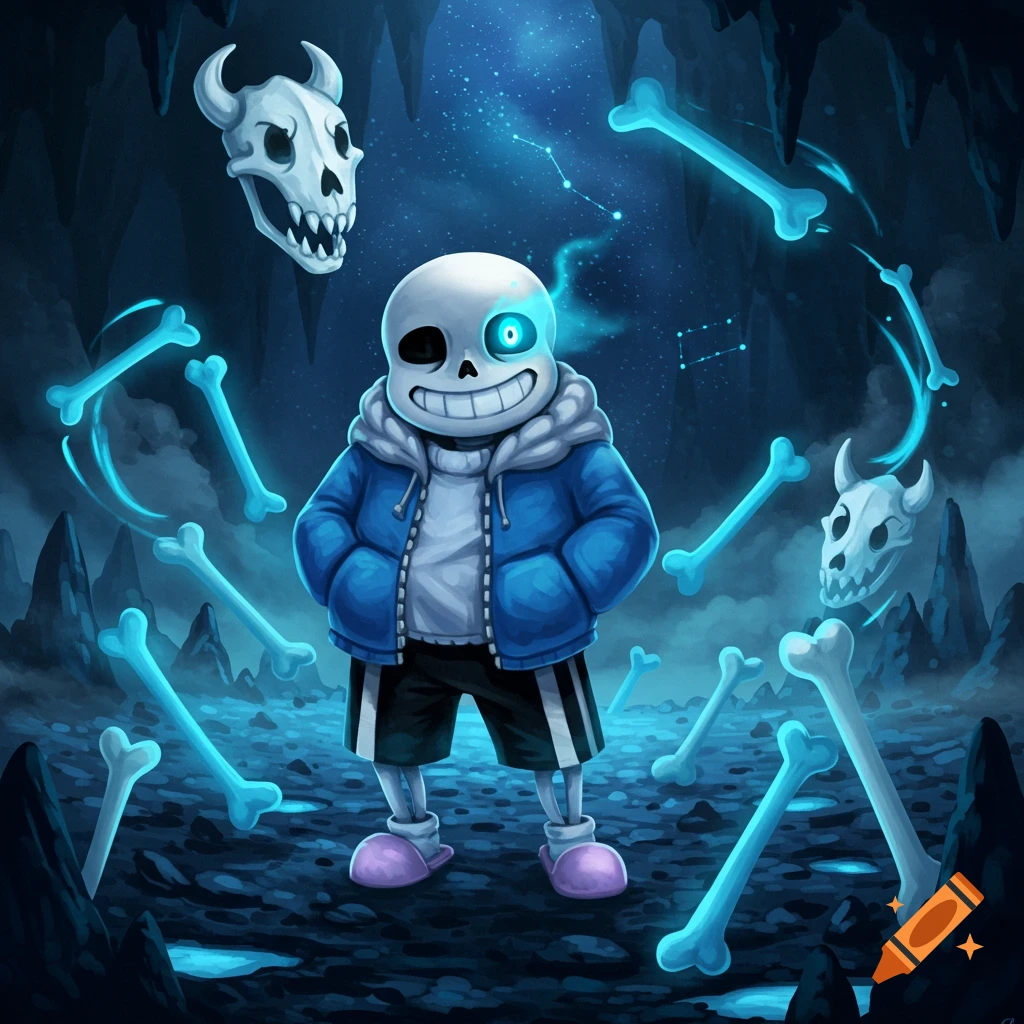 Stylized illustration of Sans the skeleton in a blue jacket, shorts, and slippers, surrounded by floating bones and Gaster Blaster skulls in a glowing blue cave.