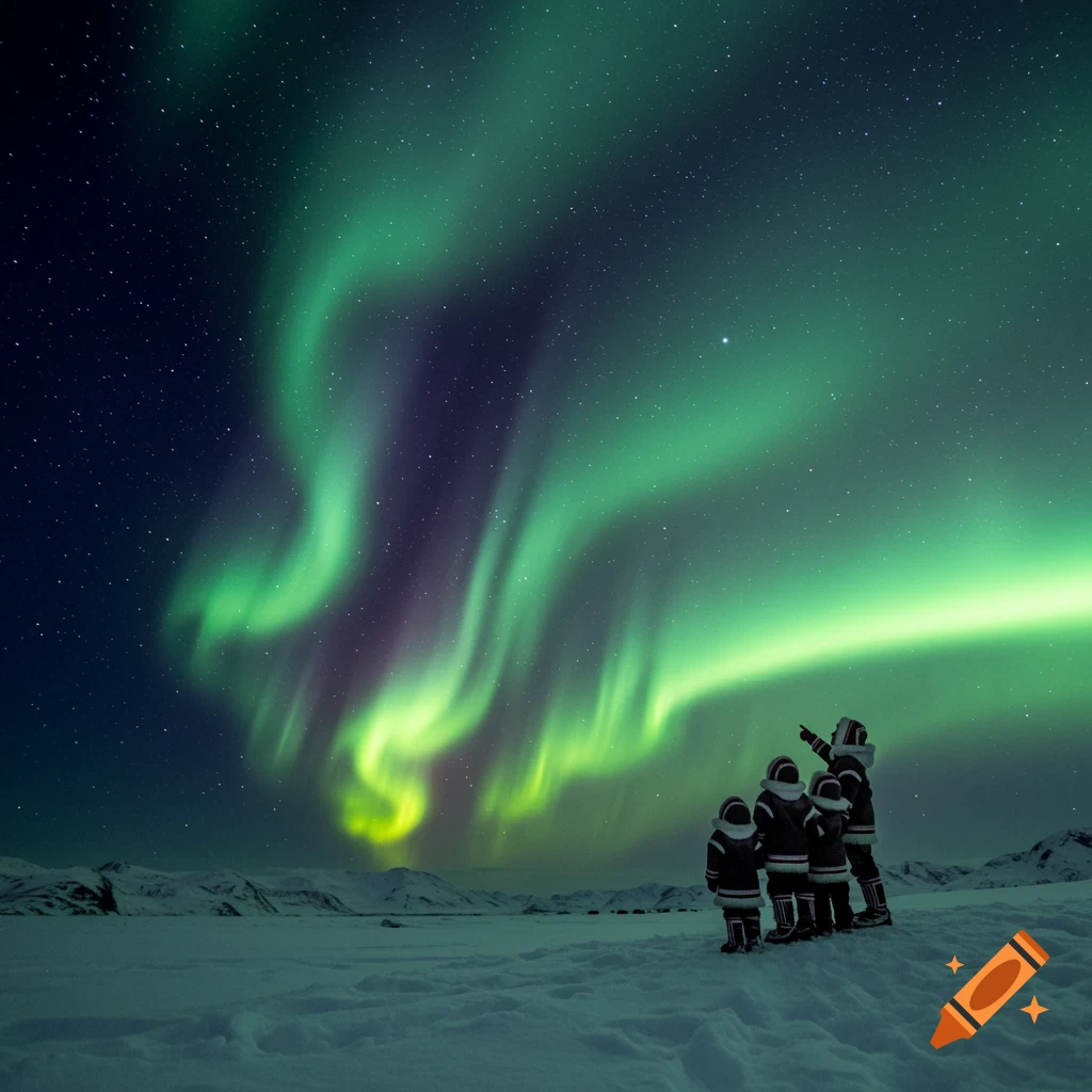 An Inuit family stands on a snowy landscape, looking up at vibrant green northern lights in a night sky.