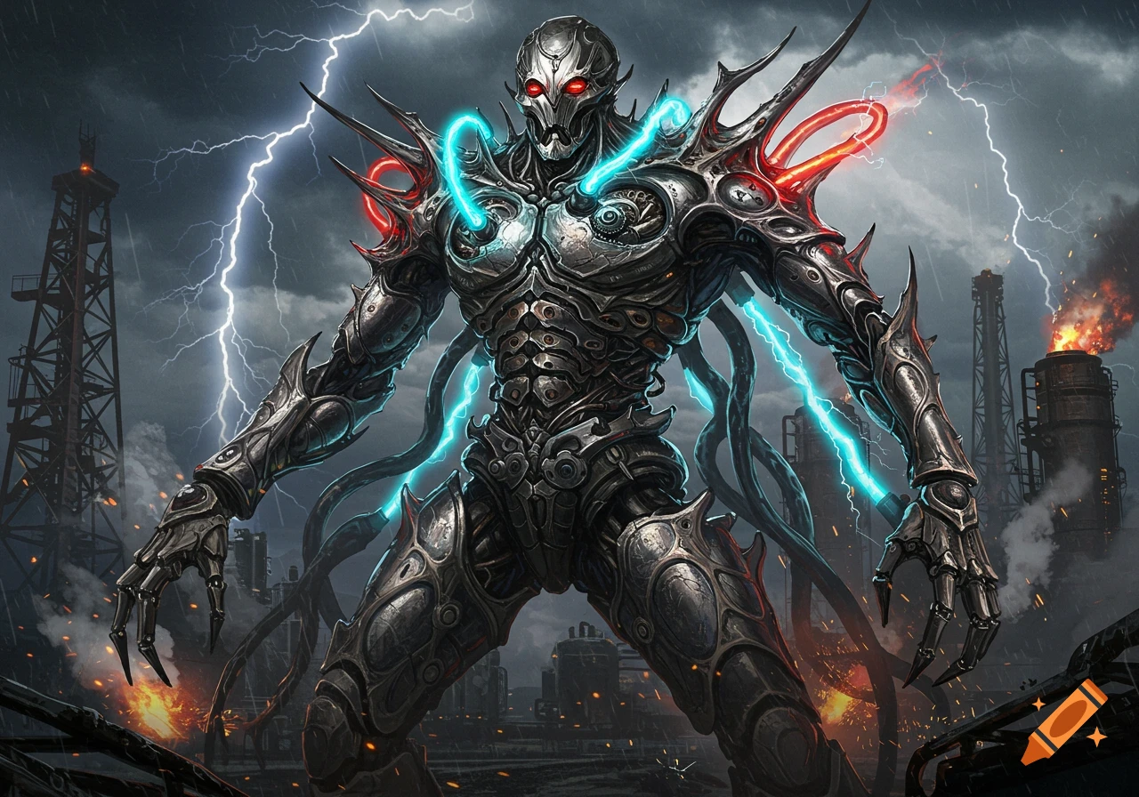 A menacing, intricate metal robot with glowing red eyes and energy tubes stands in a stormy industrial landscape with lightning.