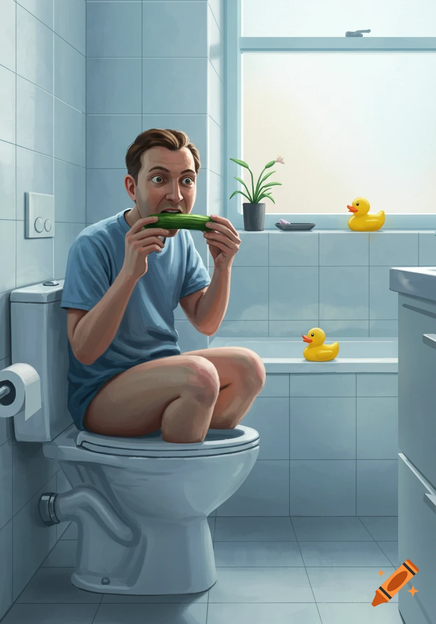 A man with wide eyes squats on a toilet seat, eating a cucumber, in a bright bathroom with two rubber ducks.