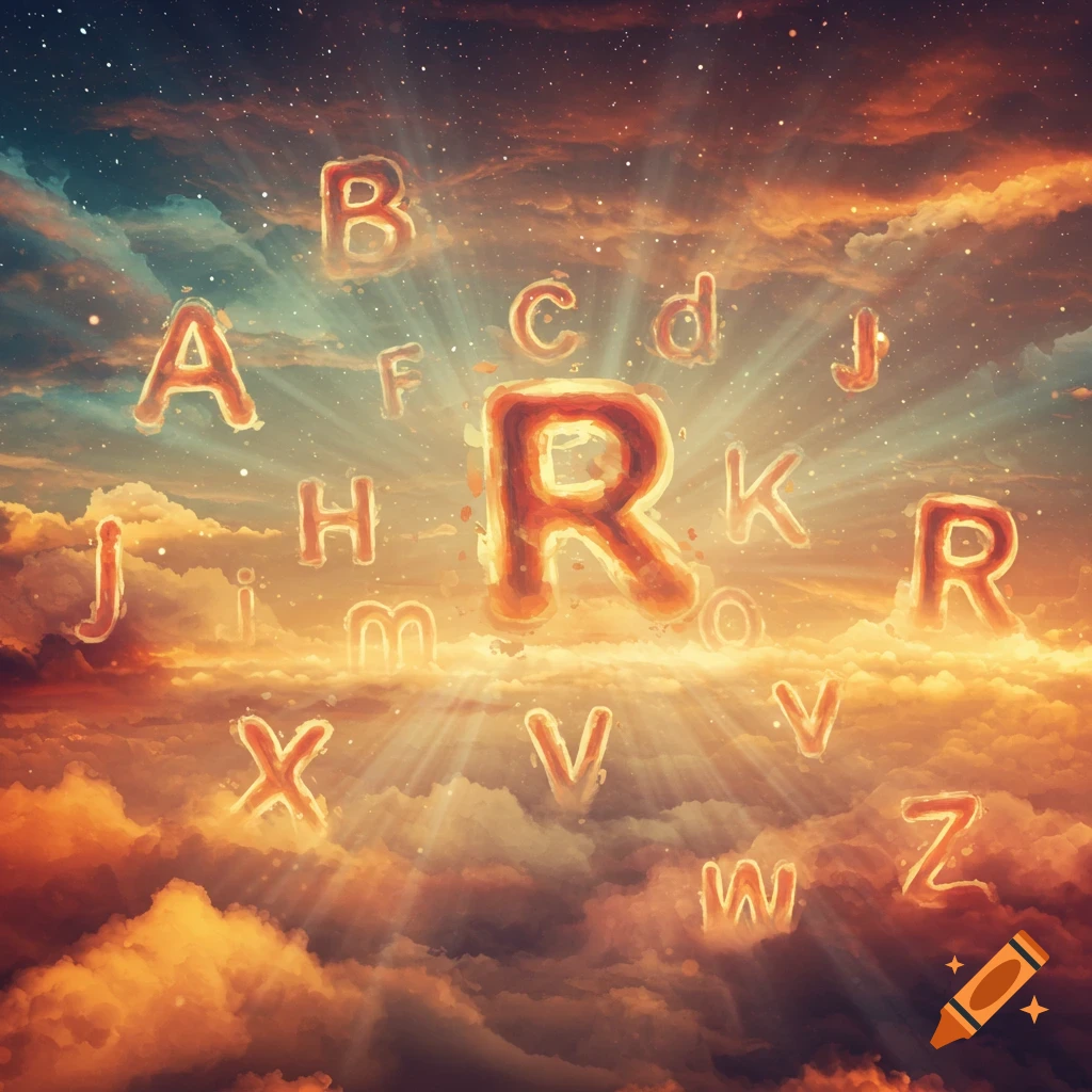 Glowing, molten alphabet letters float in a dramatic, cloud-filled sky with sun rays.