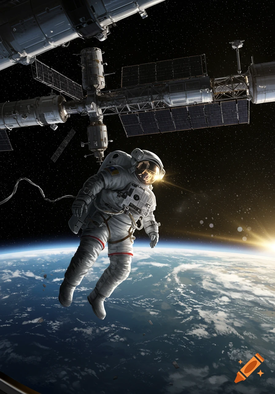 An astronaut floats during a spacewalk outside the International Space Station, with the Earth's blue and white surface below, in a realistic style.
