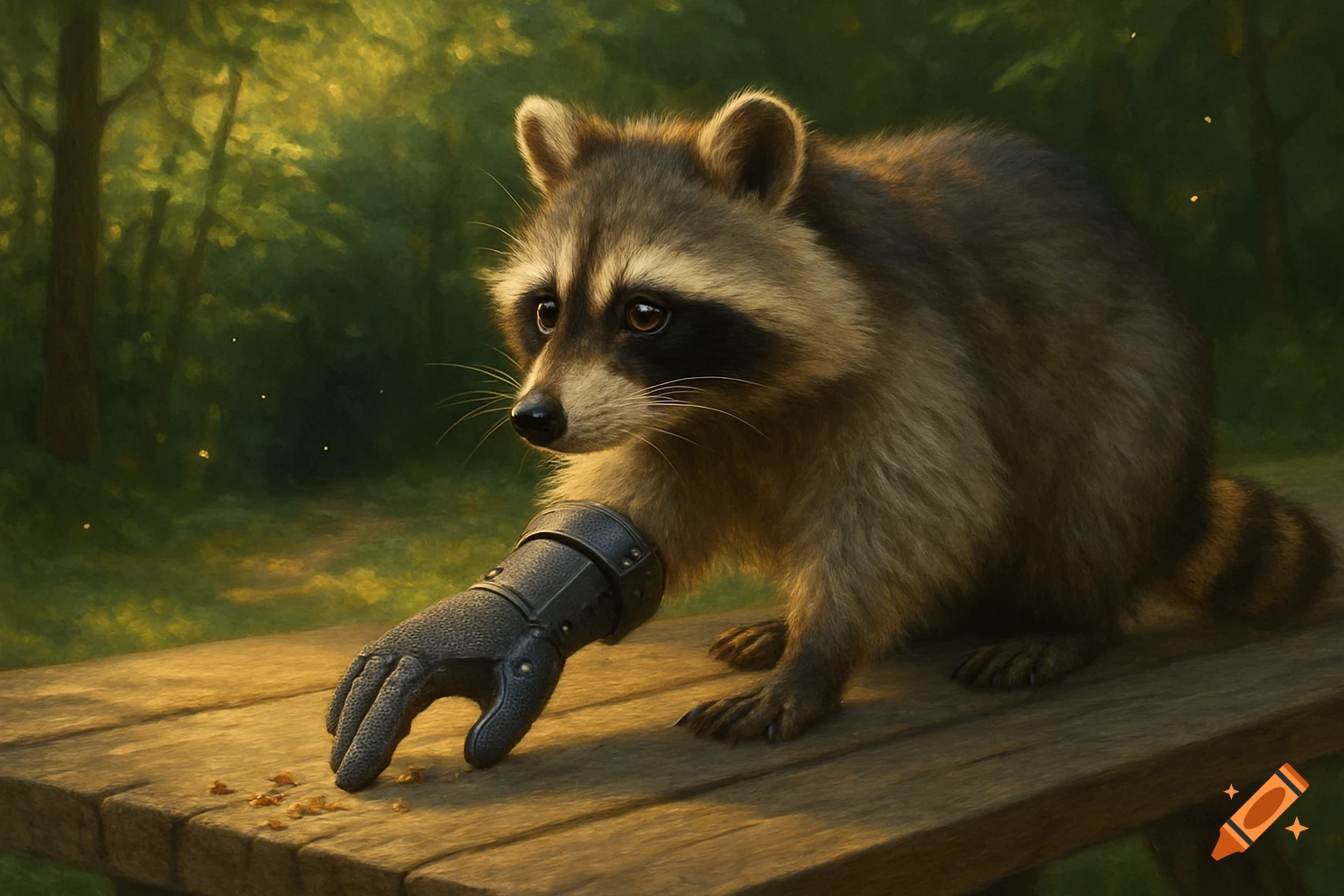 A realistic raccoon with a black mechanical glove on its left paw reaches out on a wooden table in a sun-dappled forest.