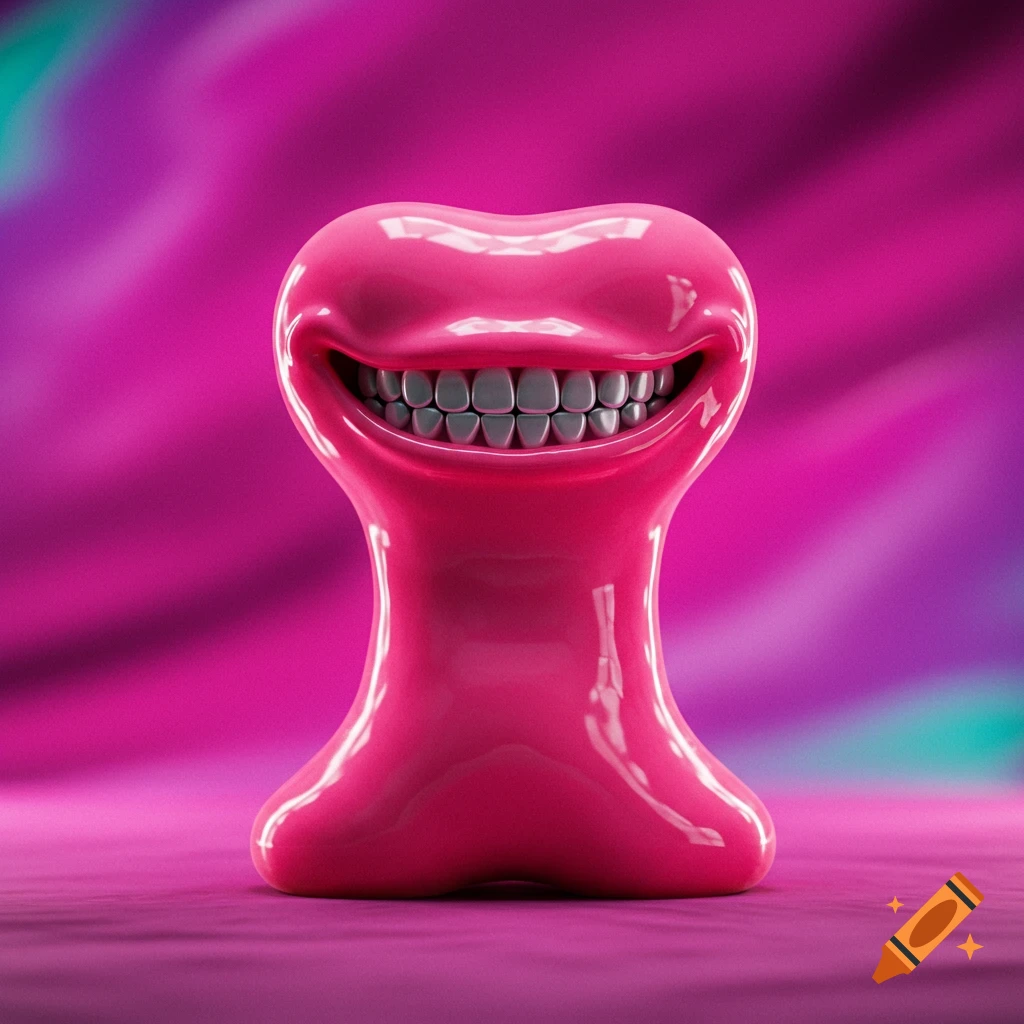 A glossy, pink, blob-like creature with a wide, toothy smile on a pink background.