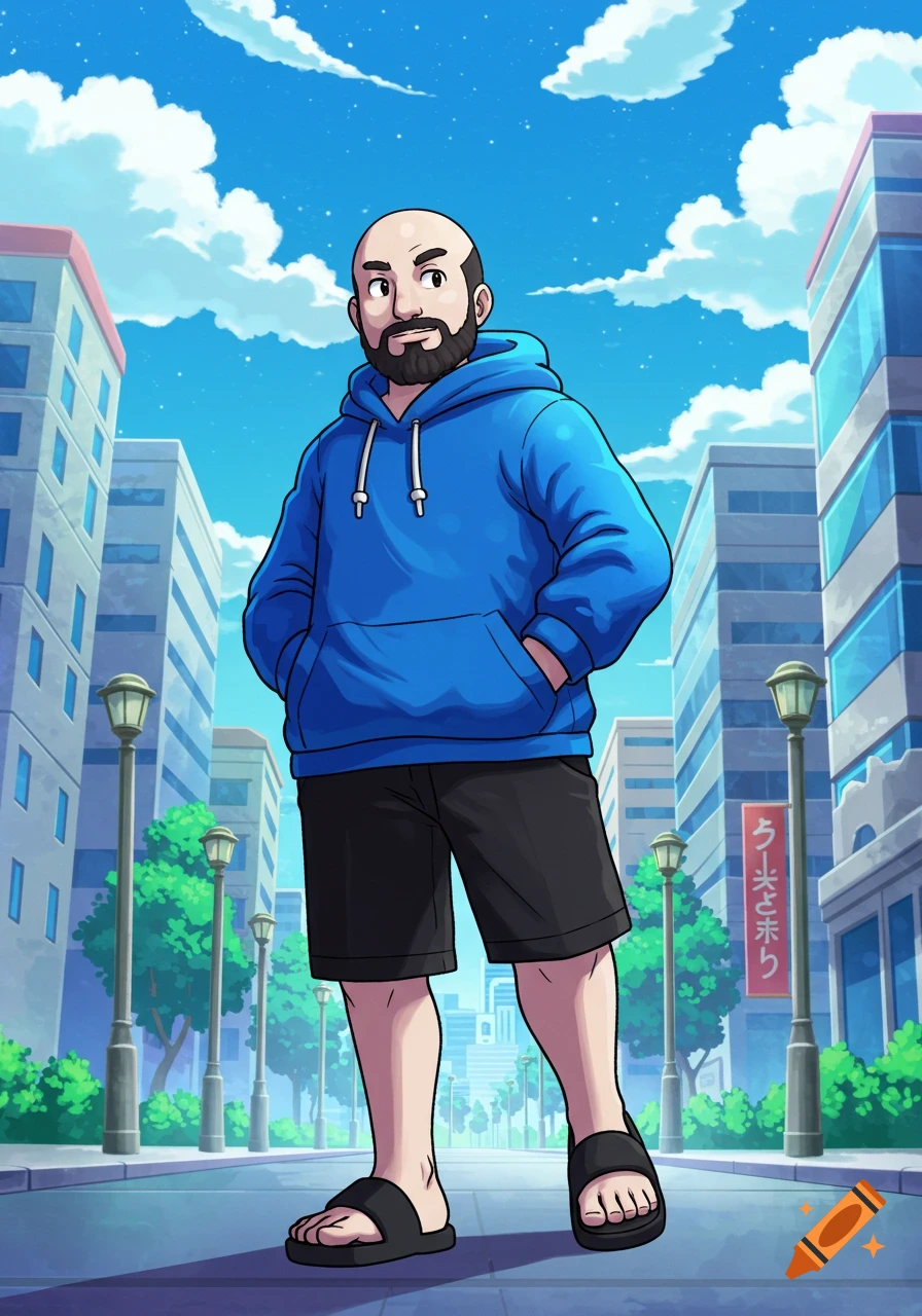 A bald man with a dark beard, blue hoodie, black shorts, and sandals stands in a city street in a Pokemon art style.