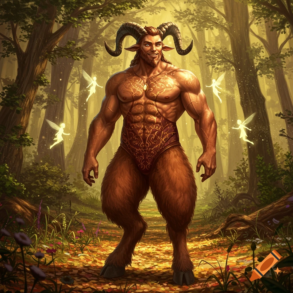 A muscular male satyr with ram horns and goat legs stands smiling in a sun-dappled forest with glowing fairies.