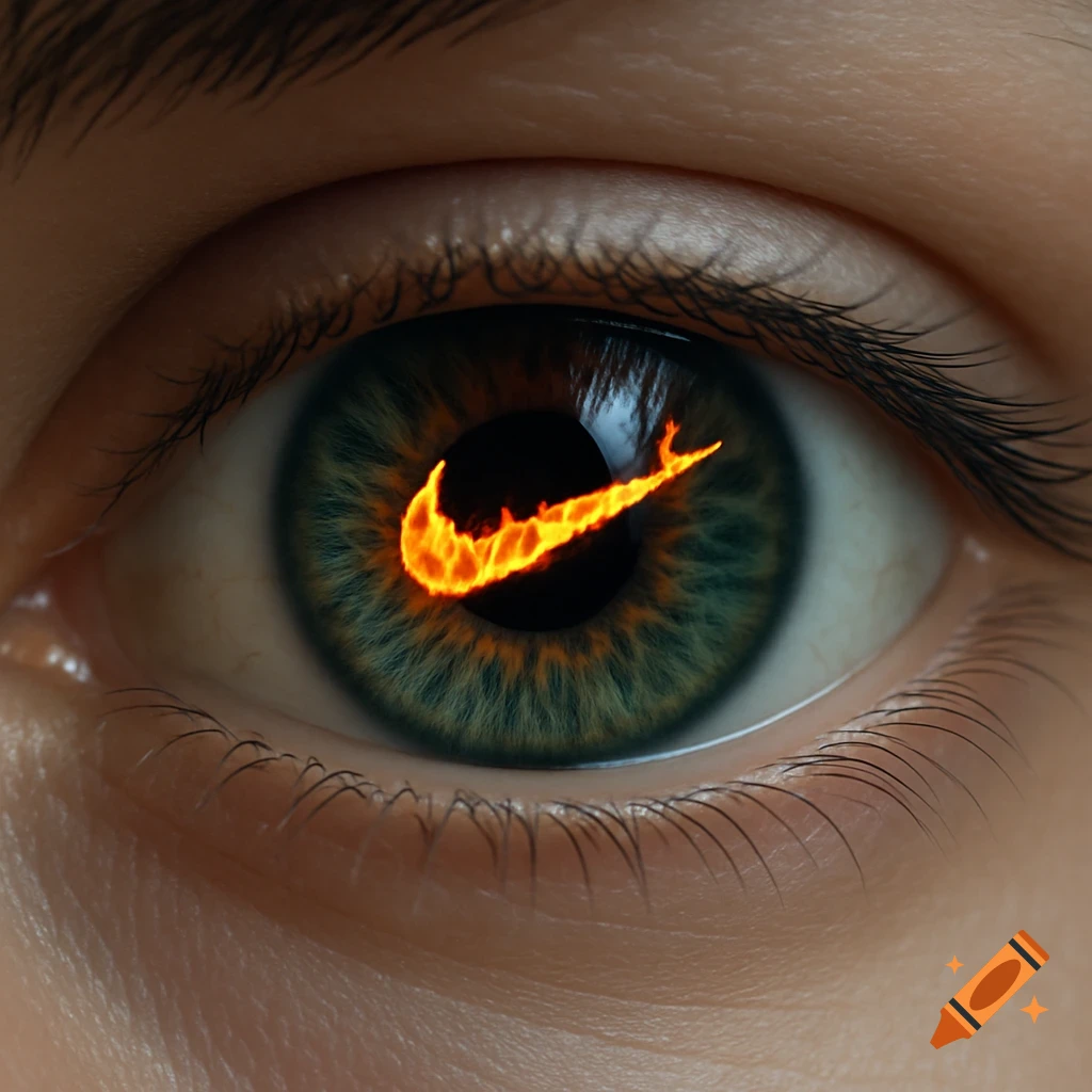 Close-up of a human eye with a fiery orange Nike swoosh logo reflected in the pupil, set against a teal iris.