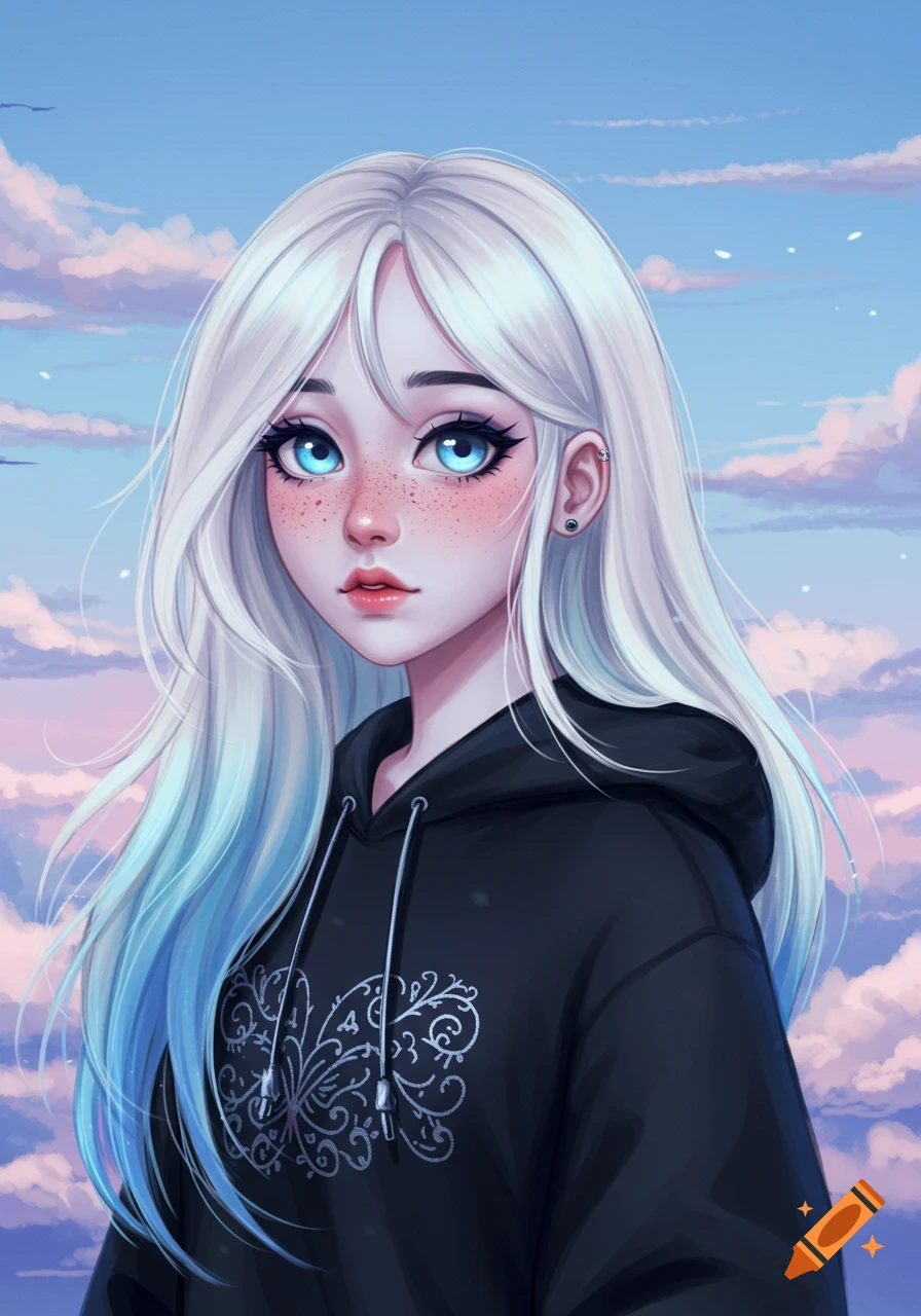An anime girl with long white hair fading to blue, blue eyes, and freckles, wearing a black hoodie, against a pastel cloudy sky.