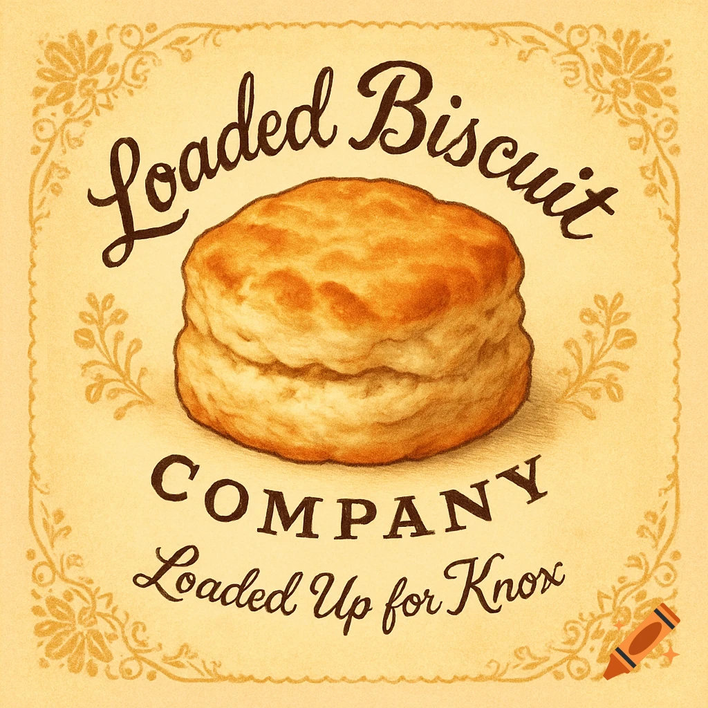 A vintage-style logo for "Loaded Biscuit Company" with a fluffy biscuit illustration on a warm, honey-colored background, framed by floral accents. The tagline "Loaded Up for Knox" is below the biscuit.