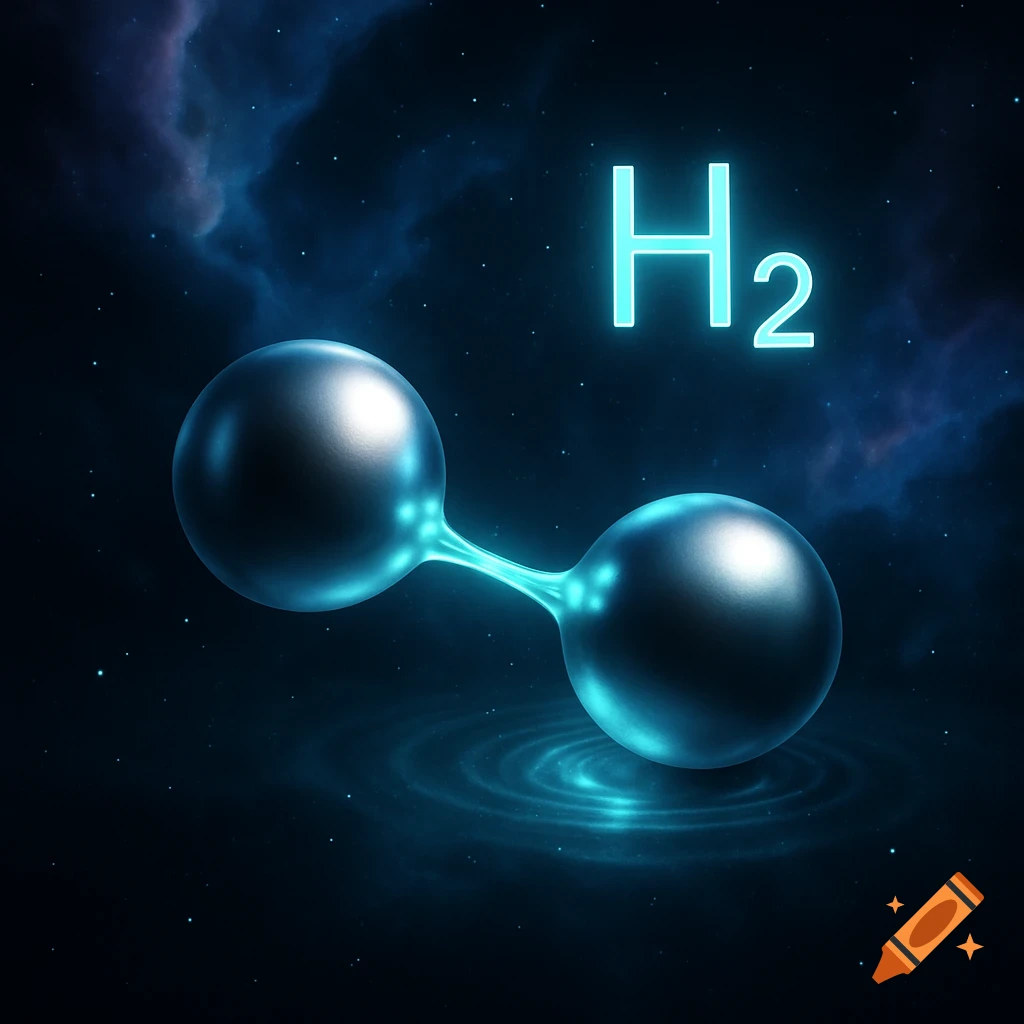 A glowing H2 molecule with two metallic spheres connected by an energy bond, against a starry, nebulous blue-purple space background.