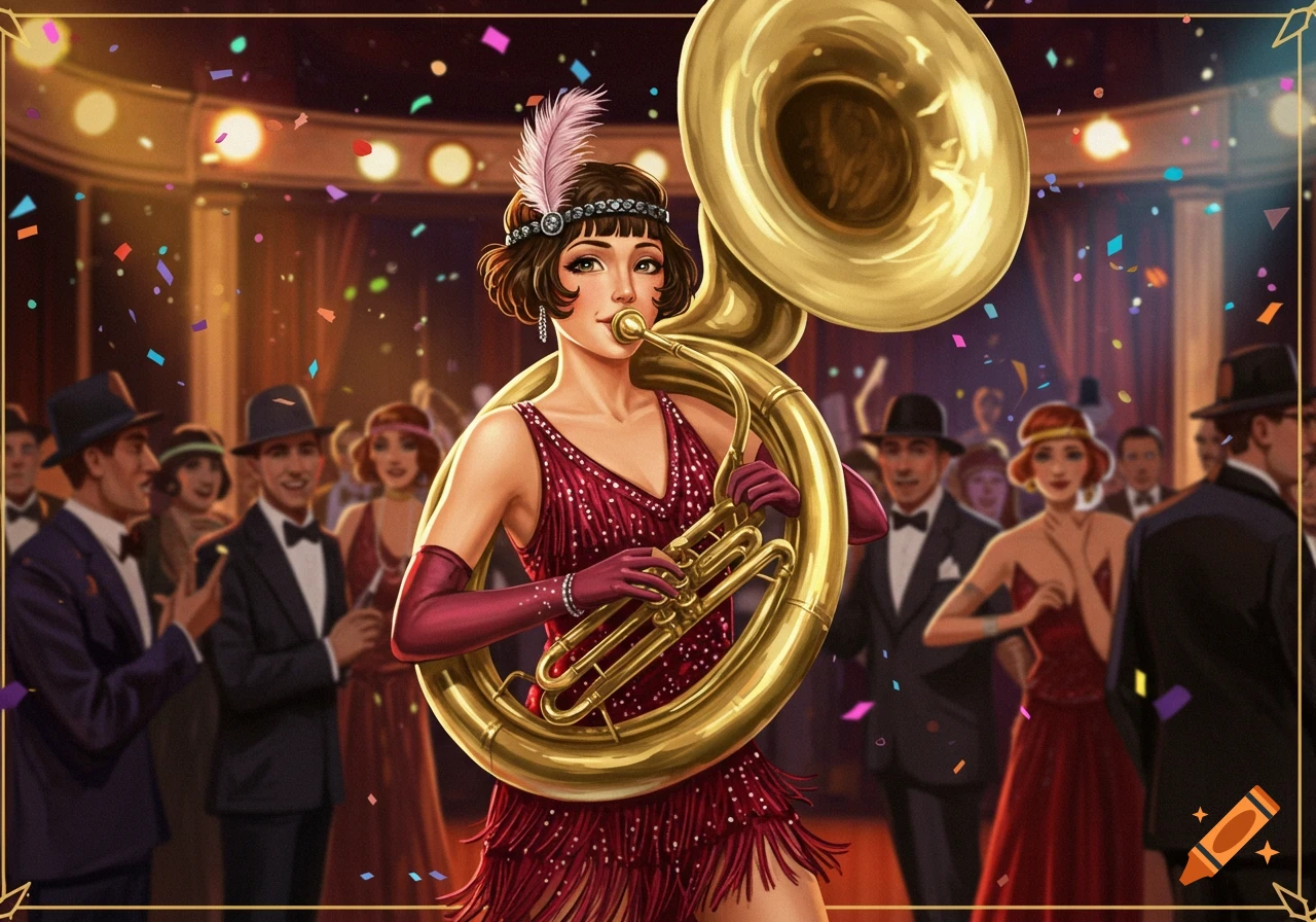 A stylized illustration of a flapper woman in a red dress playing a sousaphone at a lively 1920s party with confetti.