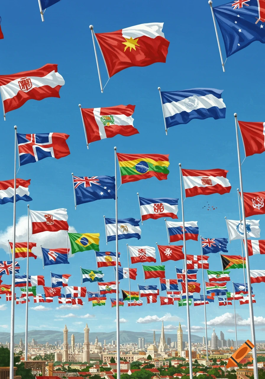 Many colorful flags with various designs wave from tall poles above a sprawling city skyline under a clear blue sky.