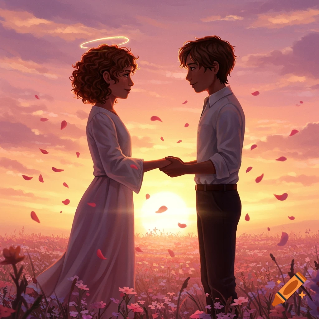 Illustration of a man and woman holding hands in a flower field at sunset, with falling petals and the woman wearing a halo.