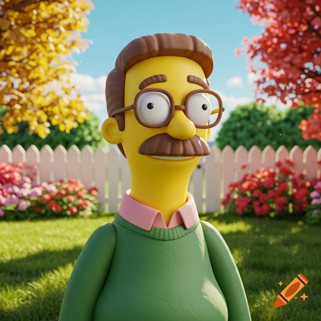 3D rendered Ned Flanders from The Simpsons with a yellow head, brown hair, mustache, glasses, pink shirt, and green sweater, in a sunny garden with flowers.