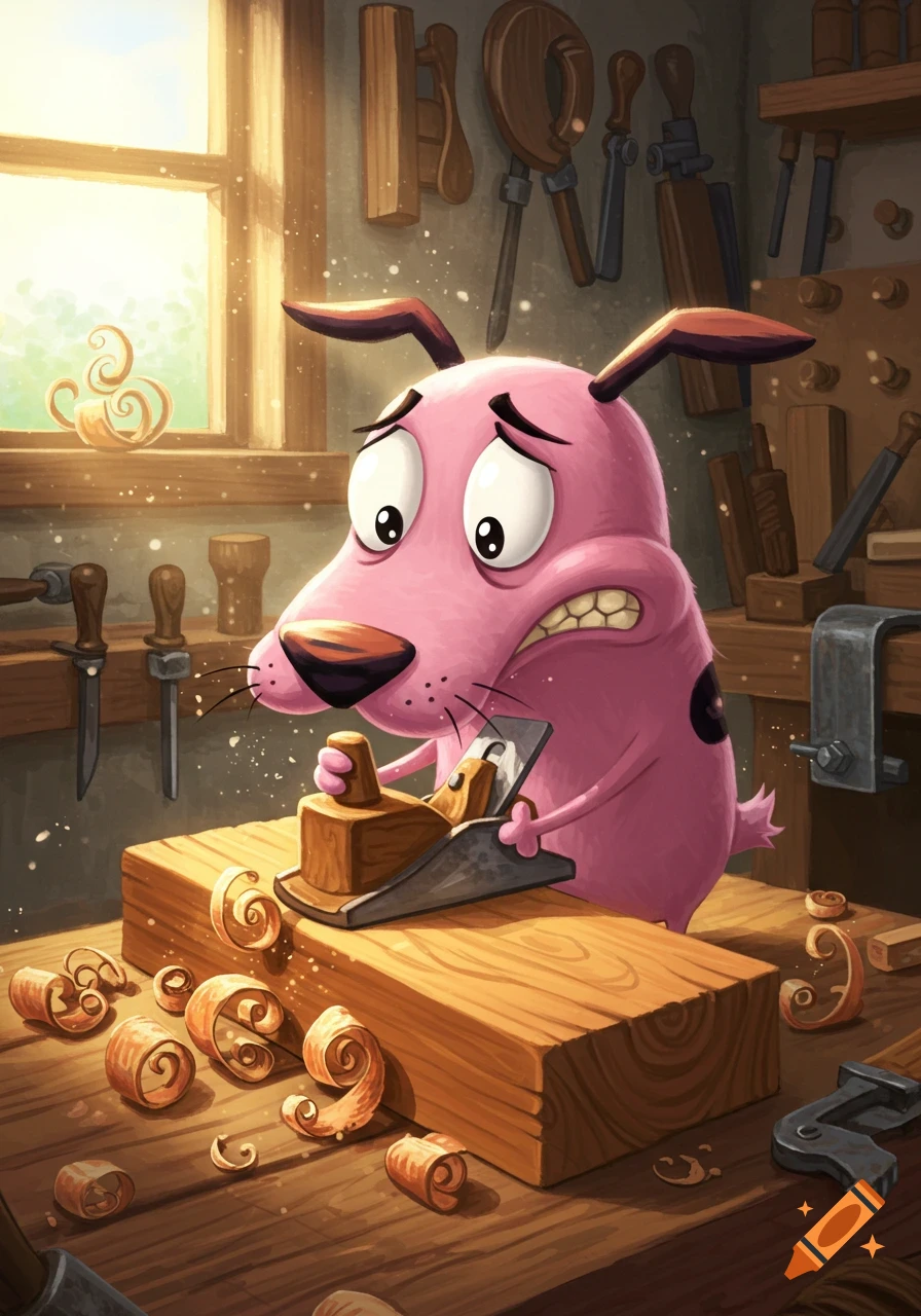 Cartoon illustration of Courage the Cowardly Dog with a worried expression, planing a wooden block in a sunlit woodworking shop.