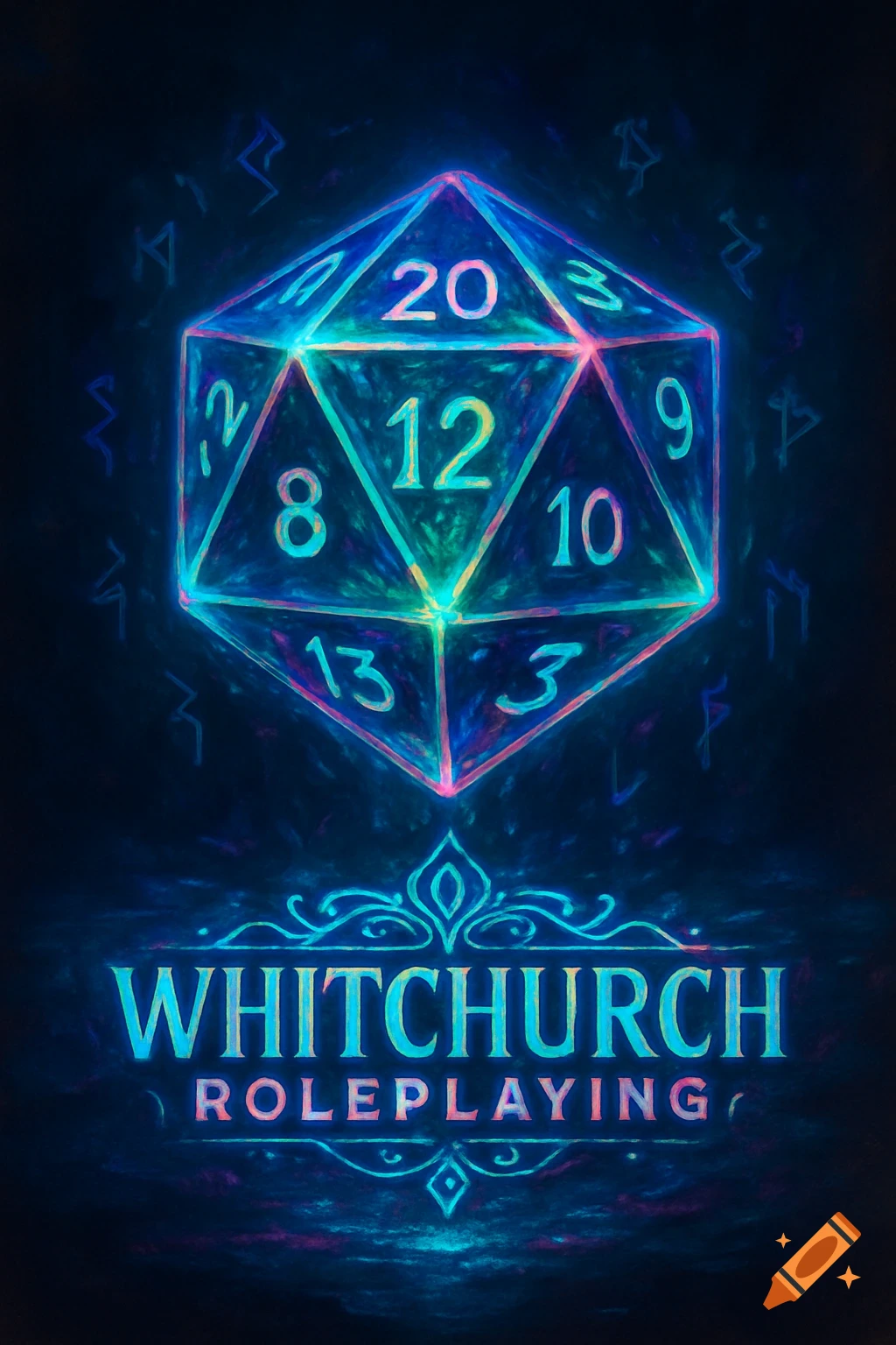 Vibrantly glowing neon D20 dice with 'WHITCHURCH ROLEPLAYING' text below it, surrounded by mystical symbols.